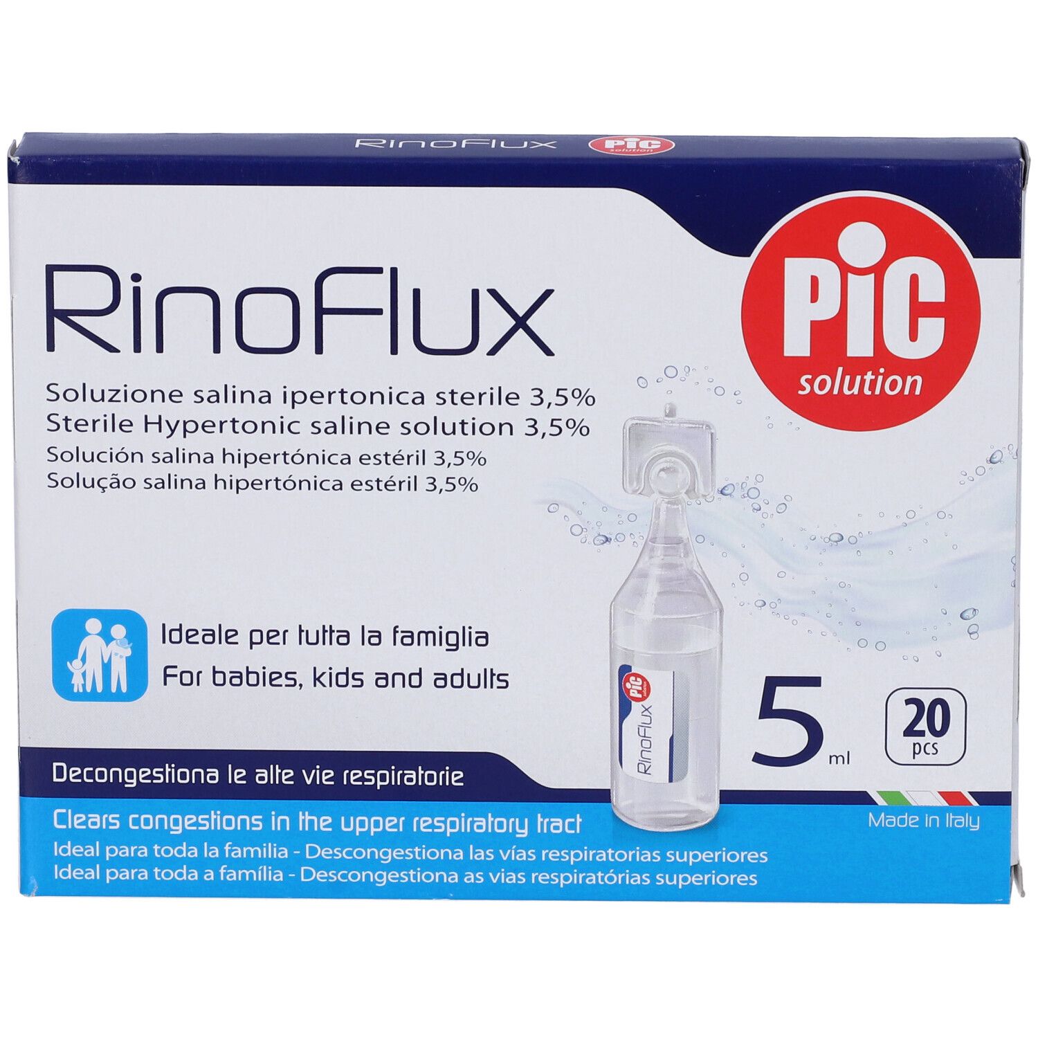 Verpackung von Rinoflux. Enthält 20 Einzeldosen. Aufschrift: PIC solution. Produktname und Text in mehreren Sprachen.