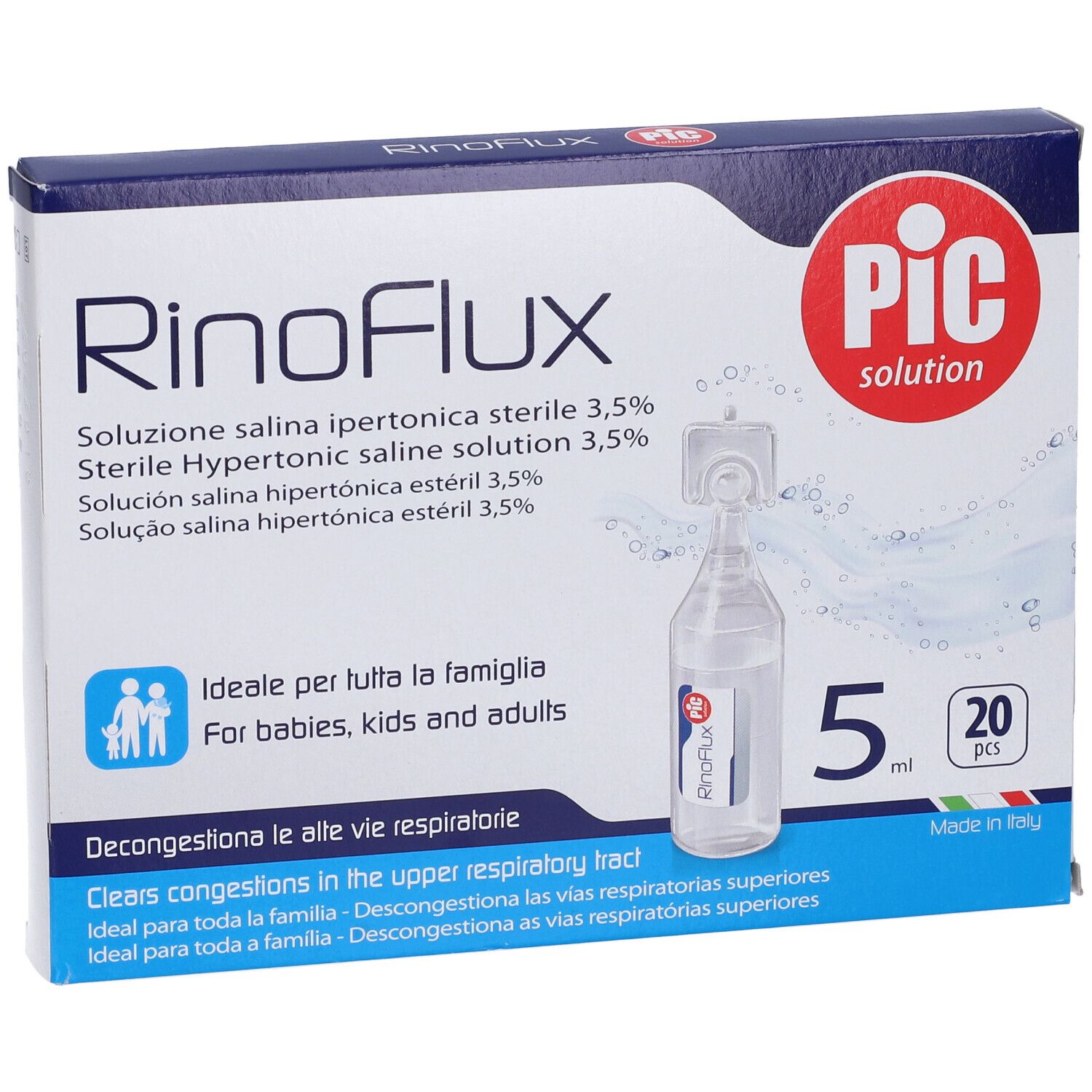 Verpackung von Rinoflux. Enthält 20 Einzeldosen. Aufschrift: PIC solution. Produktname und Text in mehreren Sprachen.