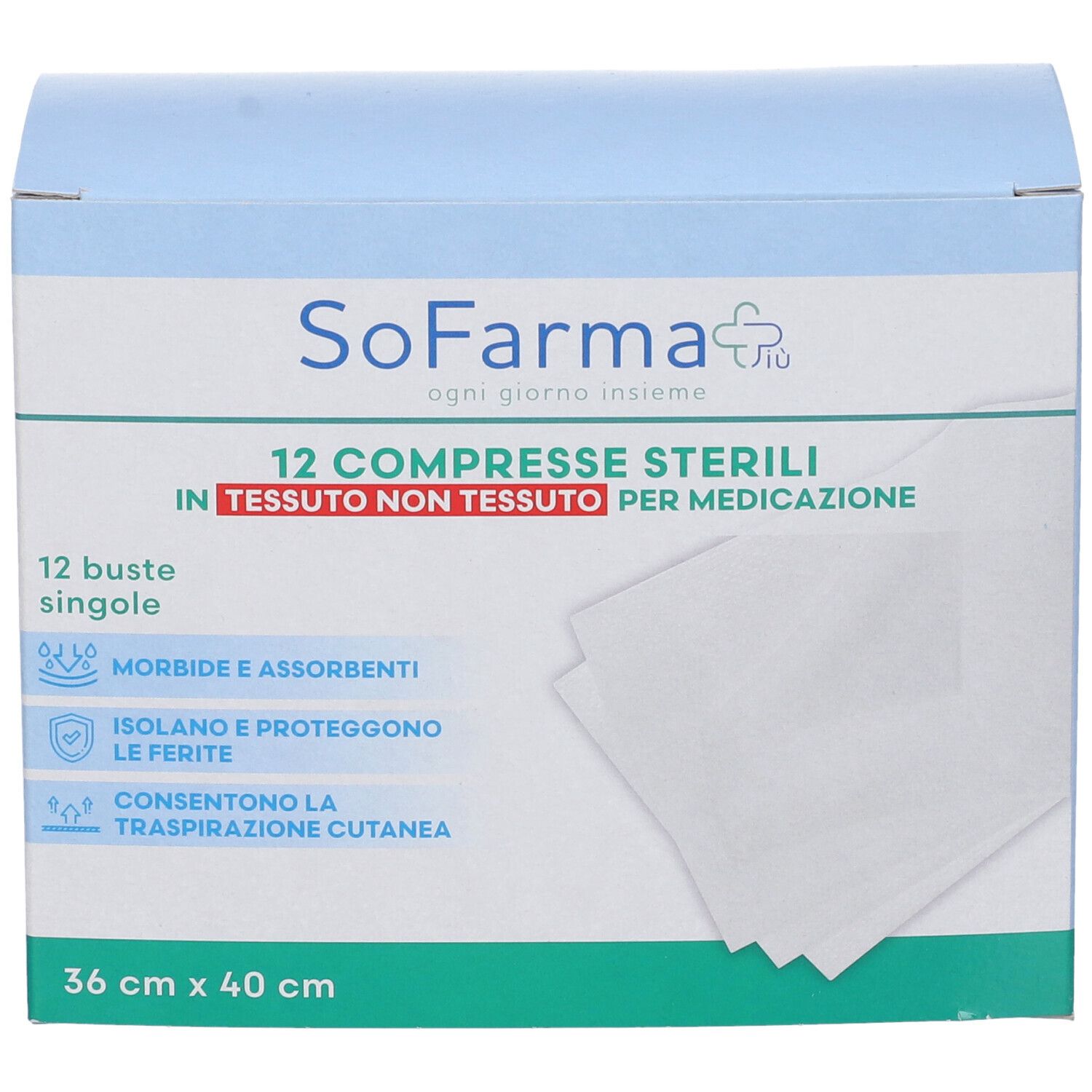 Verpackung mit 12 sterilen Kompressen aus Vliesstoff. Größe: 36x40 cm. Marke: SoFarma.