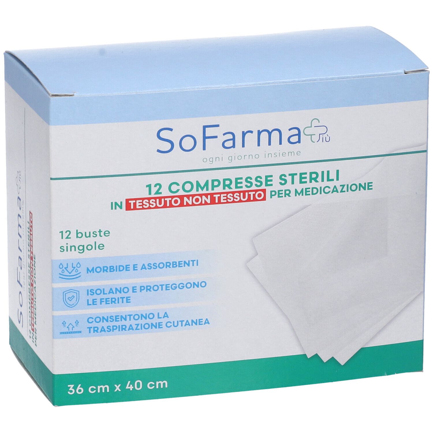 Verpackung mit 12 sterilen Kompressen aus Vliesstoff. Größe: 36x40 cm. Marke: SoFarma.