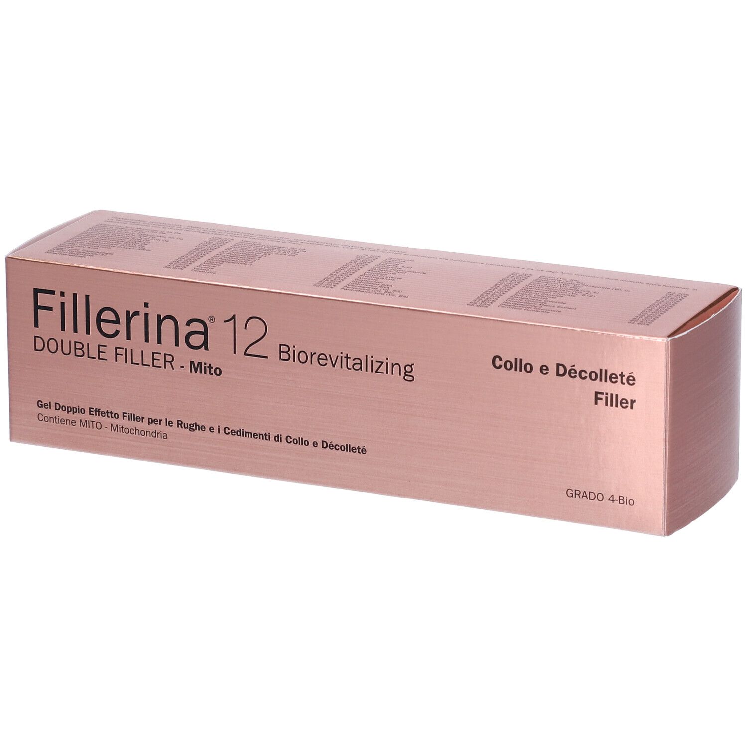 Scatola rosa con nome prodotto Fillerina 12. Testo: Double Filler Mito, Biorevitalizing, Collo e Décolleté Filler. Grado 4 Bio.