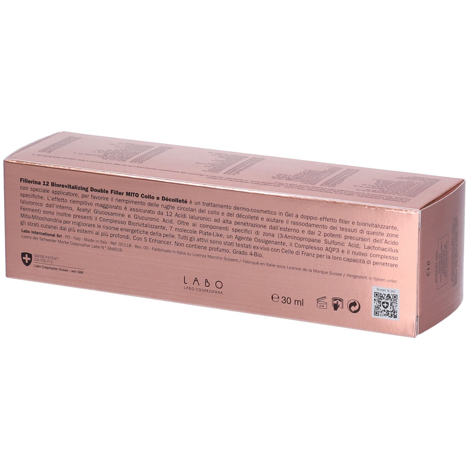 Retro della scatola rosa Fillerina 12. Testo: informazioni prodotto, ingredienti, dettagli produttore, codice QR, volume 30 ml.