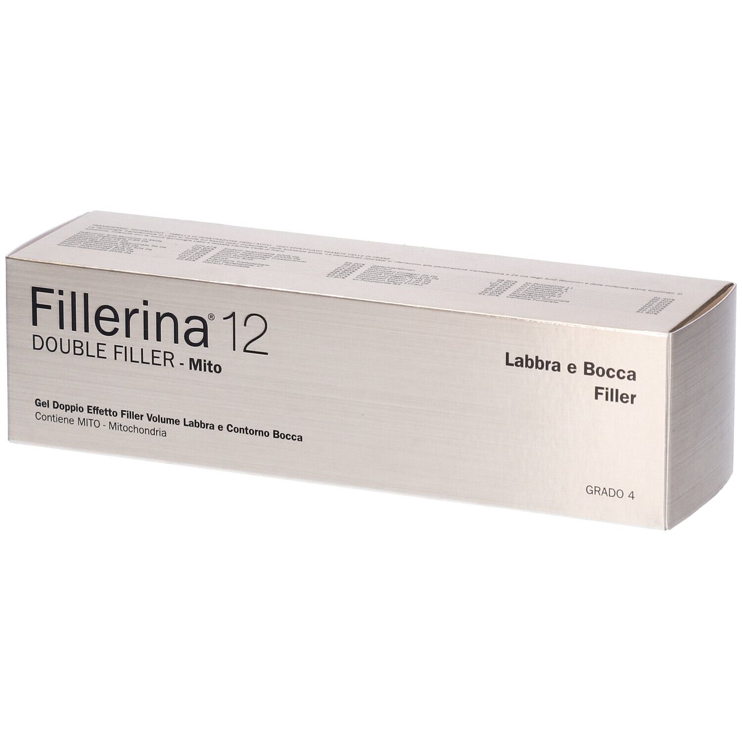 Scatola con scritta Fillerina 12 Double Filler Mito. Testo: Labbra e Bocca Filler, Grado 4.