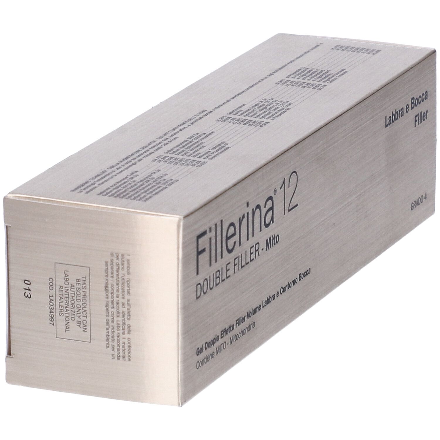 Scatola con scritta Fillerina 12 Double Filler Mito. Lato con testo e codice.