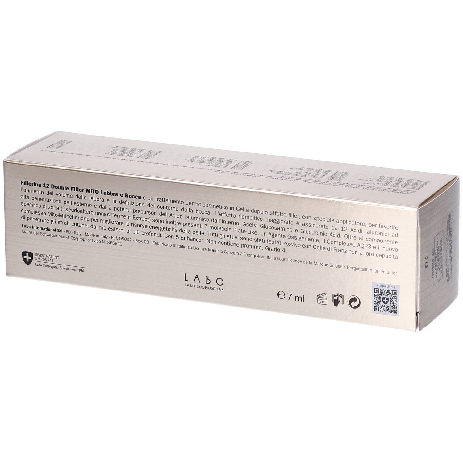 Retro della scatola con informazioni sul prodotto. Testo: Fillerina 12 Double Filler Mito Labbra e Bocca.