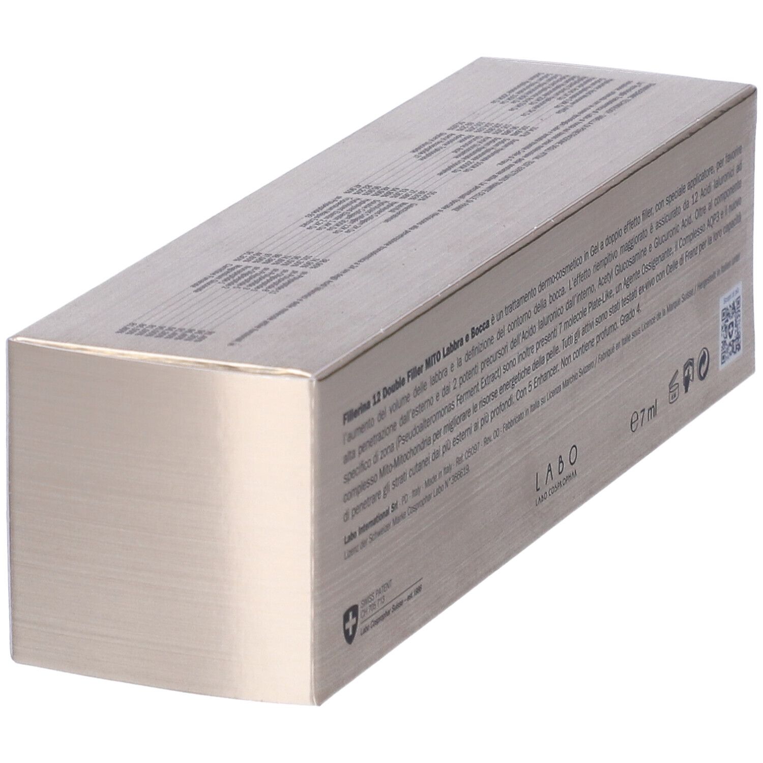 Scatola con informazioni sul prodotto. Testo: Fillerina 12 Double Filler Mito Labbra e Bocca. Logo Labo.