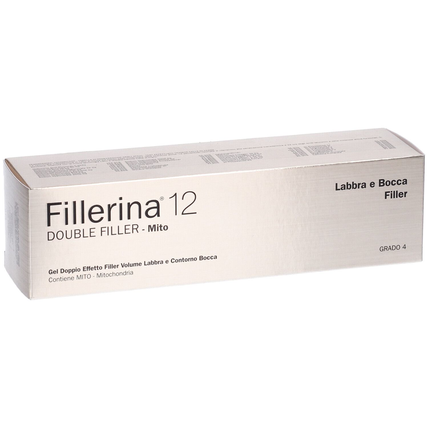 Scatola con scritta Fillerina 12 Double Filler Mito. Testo: Labbra e Bocca Filler, Grado 4.