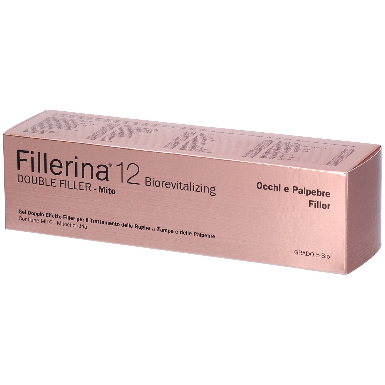 Scatola rosa con nome prodotto Fillerina 12 Double Filler Mito. Testo: Occhi e Palpebre Filler, Grado 5-Bio.