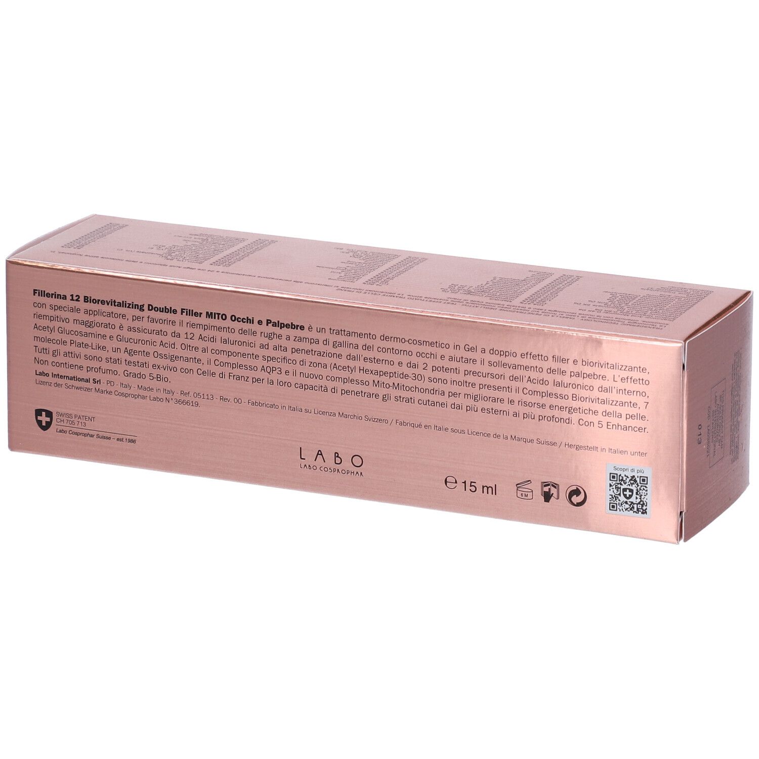 Retro di una scatola rosa con testo. Testo: Fillerina 12 Biorevitalizing Double Filler Mito Occhi e Palpebre.