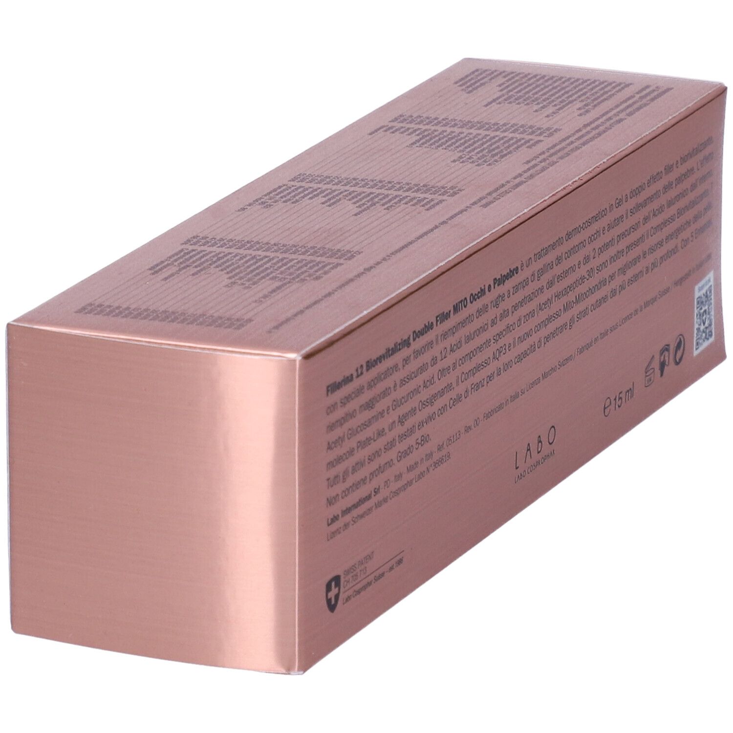 Scatola rosa inclinata con testo. Testo: Fillerina 12 Biorevitalizing Double Filler Mito Occhi e Palpebre.