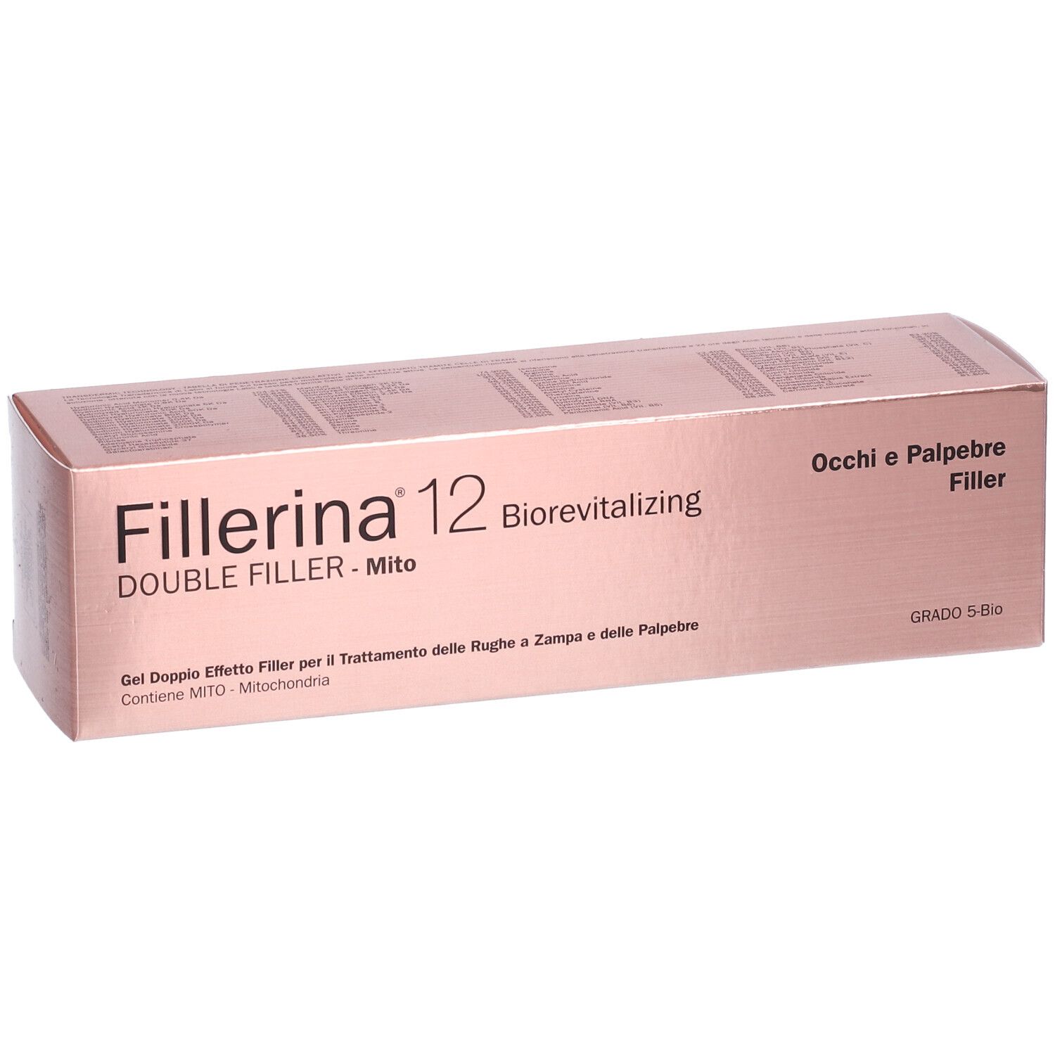 Scatola rosa con nome prodotto Fillerina 12 Double Filler Mito. Testo: Occhi e Palpebre Filler, Grado 5-Bio.