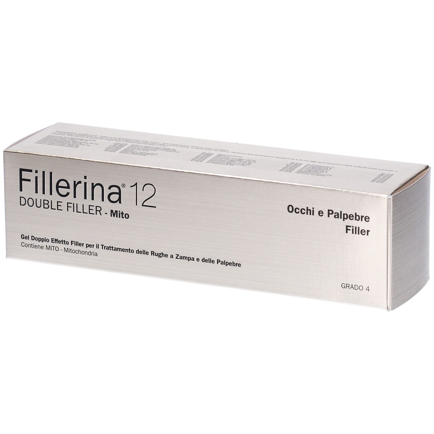 Scatola argentata con nome prodotto Fillerina 12 Double Filler Mito. Testo: Occhi e Palpebre Filler, Grado 4.