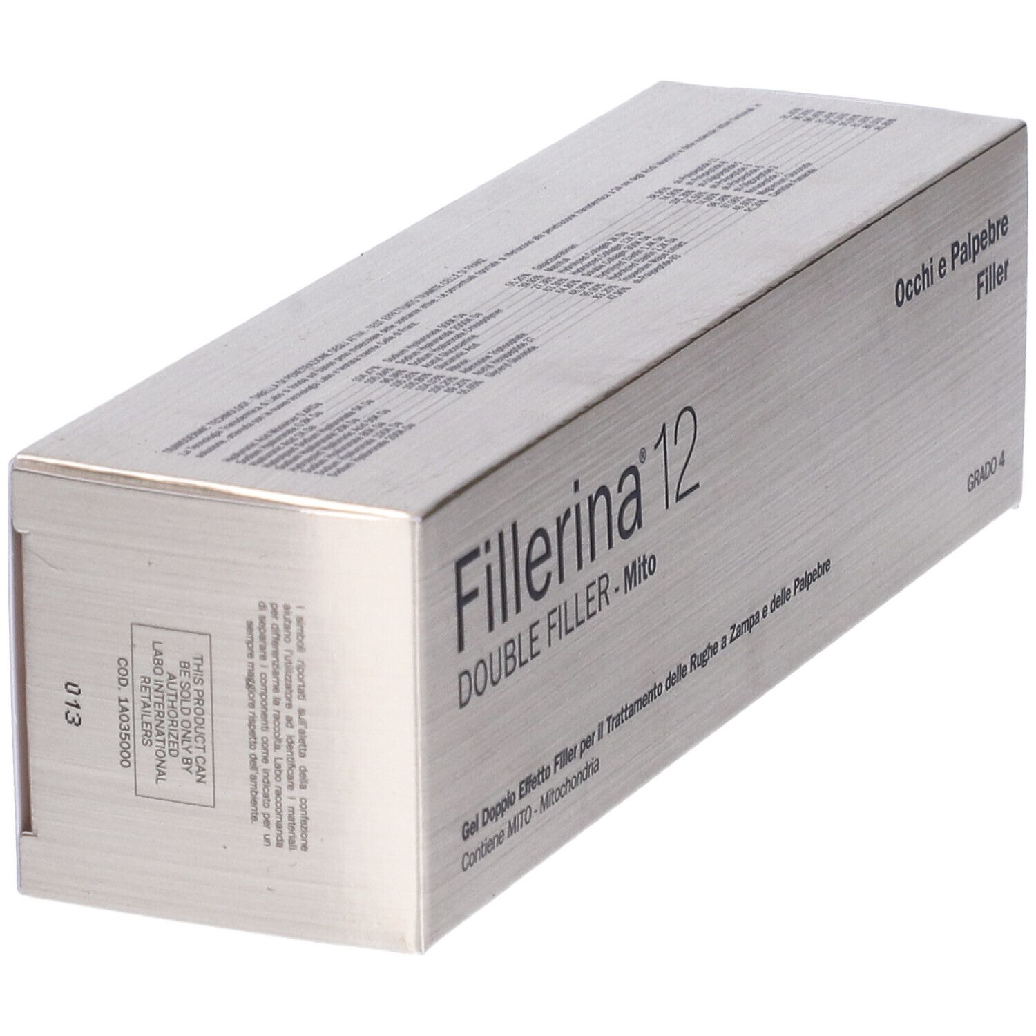 Scatola argentata con nome prodotto Fillerina 12 Double Filler Mito. Testo: Occhi e Palpebre Filler, Grado 4.