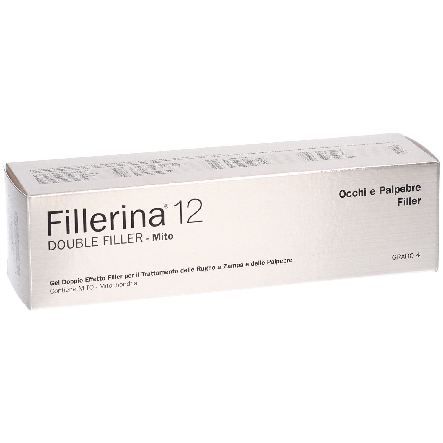 Scatola argentata con nome prodotto Fillerina 12 Double Filler Mito. Testo: Occhi e Palpebre Filler, Grado 4.