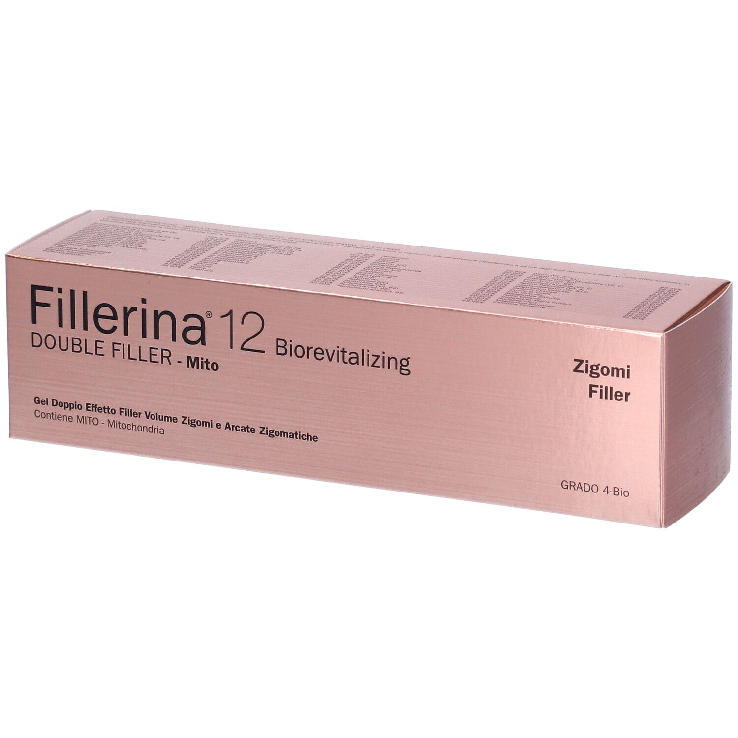 Scatola rosa con testo. Visibili: "Fillerina 12 Double Filler Mito" e "Zigomi Filler". Grado 4 Bio.