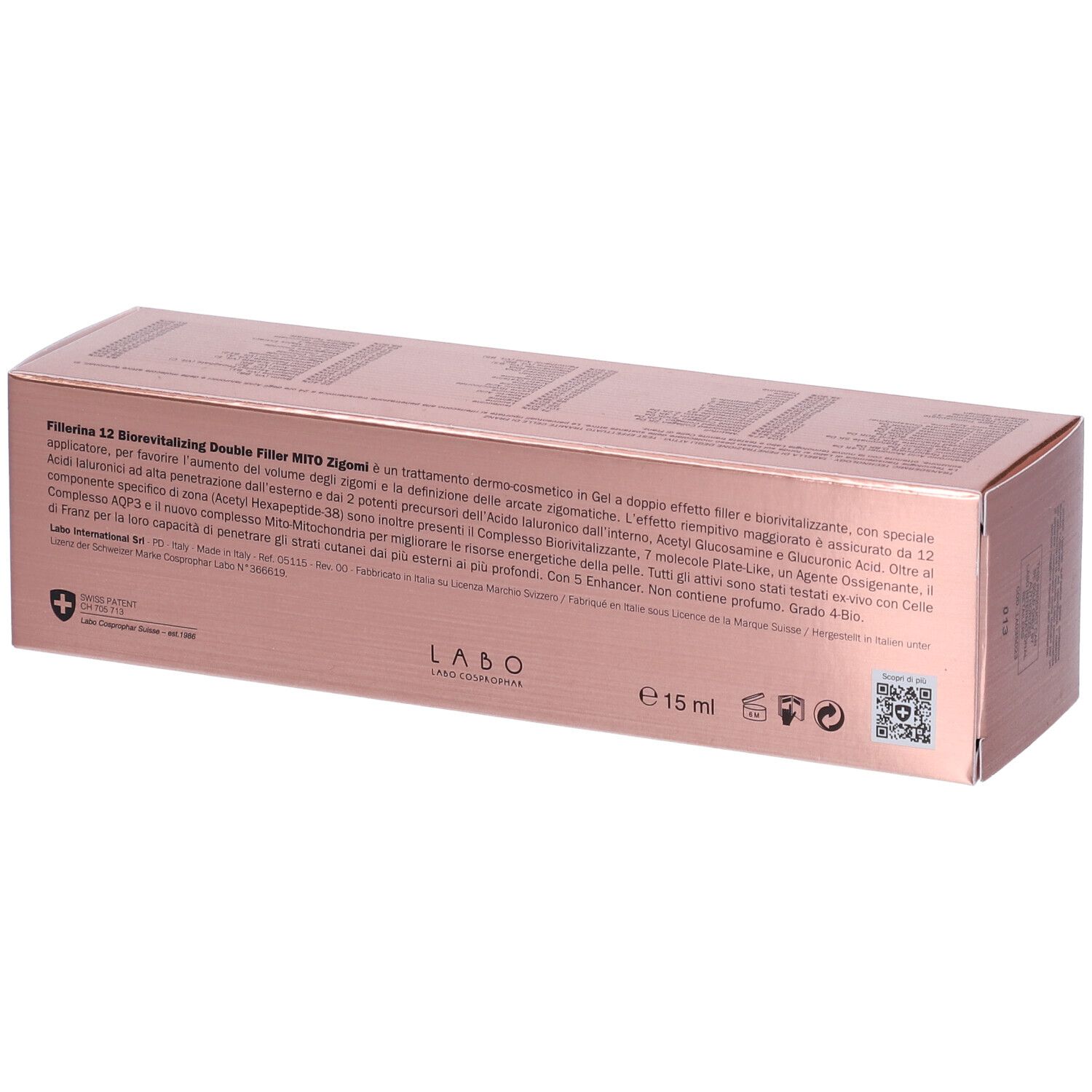Retro di una scatola rosa. Testo e loghi visibili. Indicazione del volume: 15 ml.