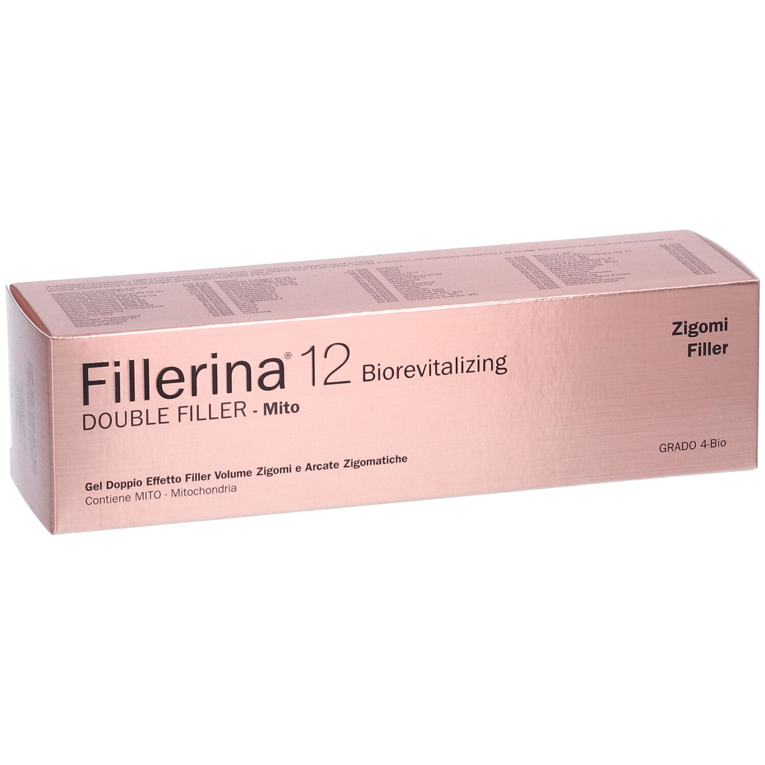 Scatola rosa con testo. Visibili: "Fillerina 12 Double Filler Mito" e "Zigomi Filler". Grado 4 Bio.