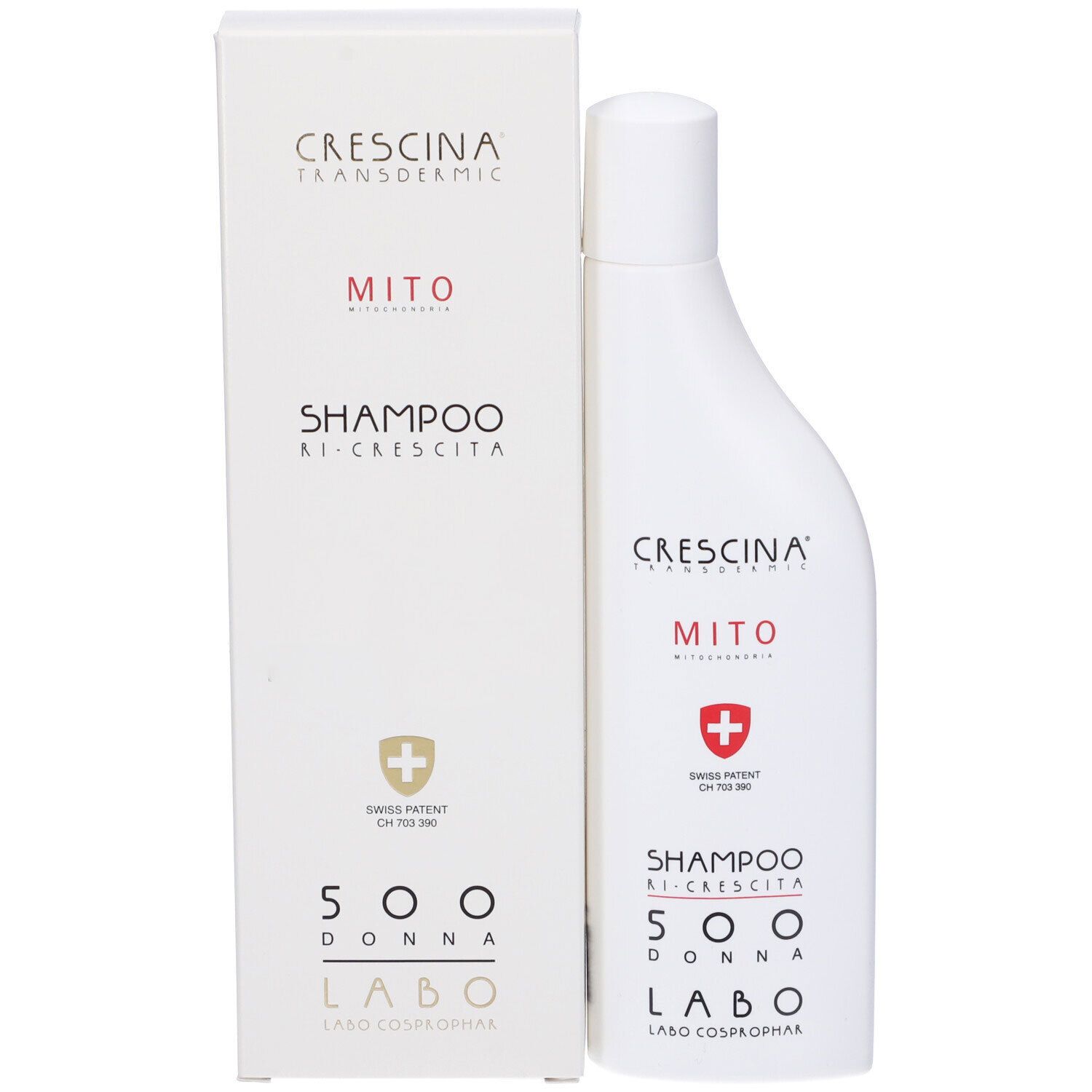 Flacone e scatola bianchi. Scritta: Crescina, Mito, Shampoo Ri-Crescita, 500 Donna, Labo. Croce svizzera.