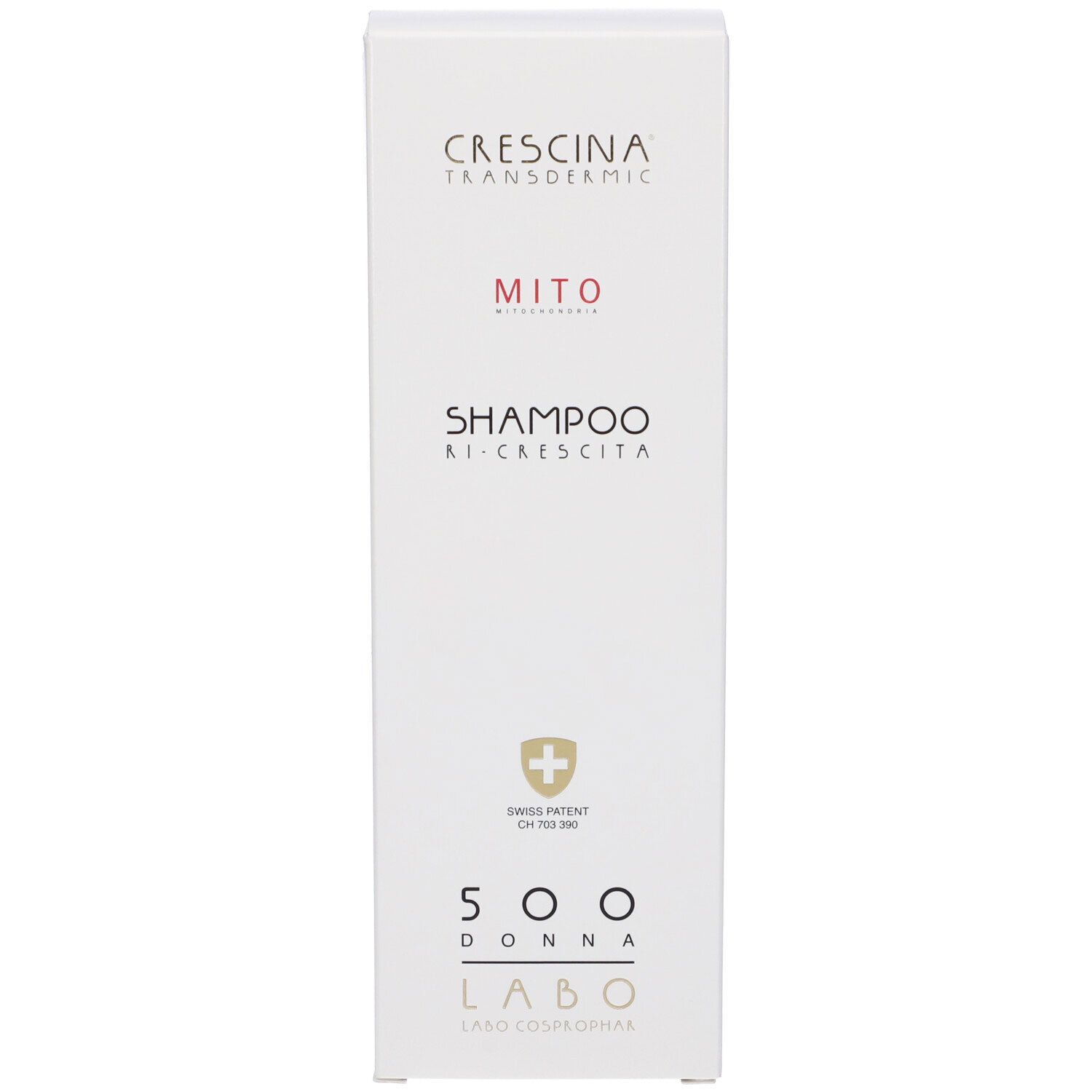 Scatola bianca. Scritta: Crescina, Mito, Shampoo Ri-Crescita, 500 Donna, Labo. Croce svizzera.