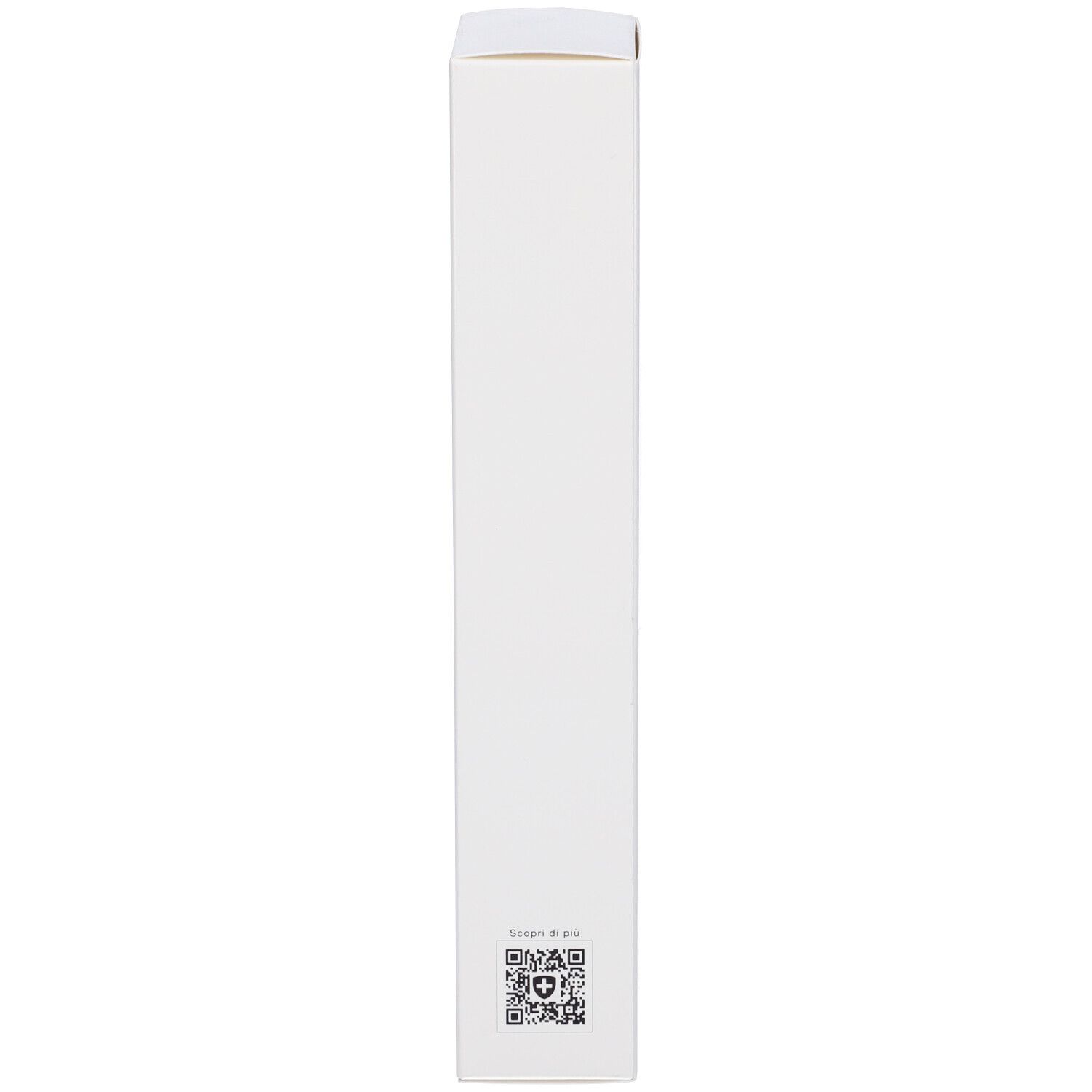 Scatola bianca, vista laterale. Codice QR e testo.