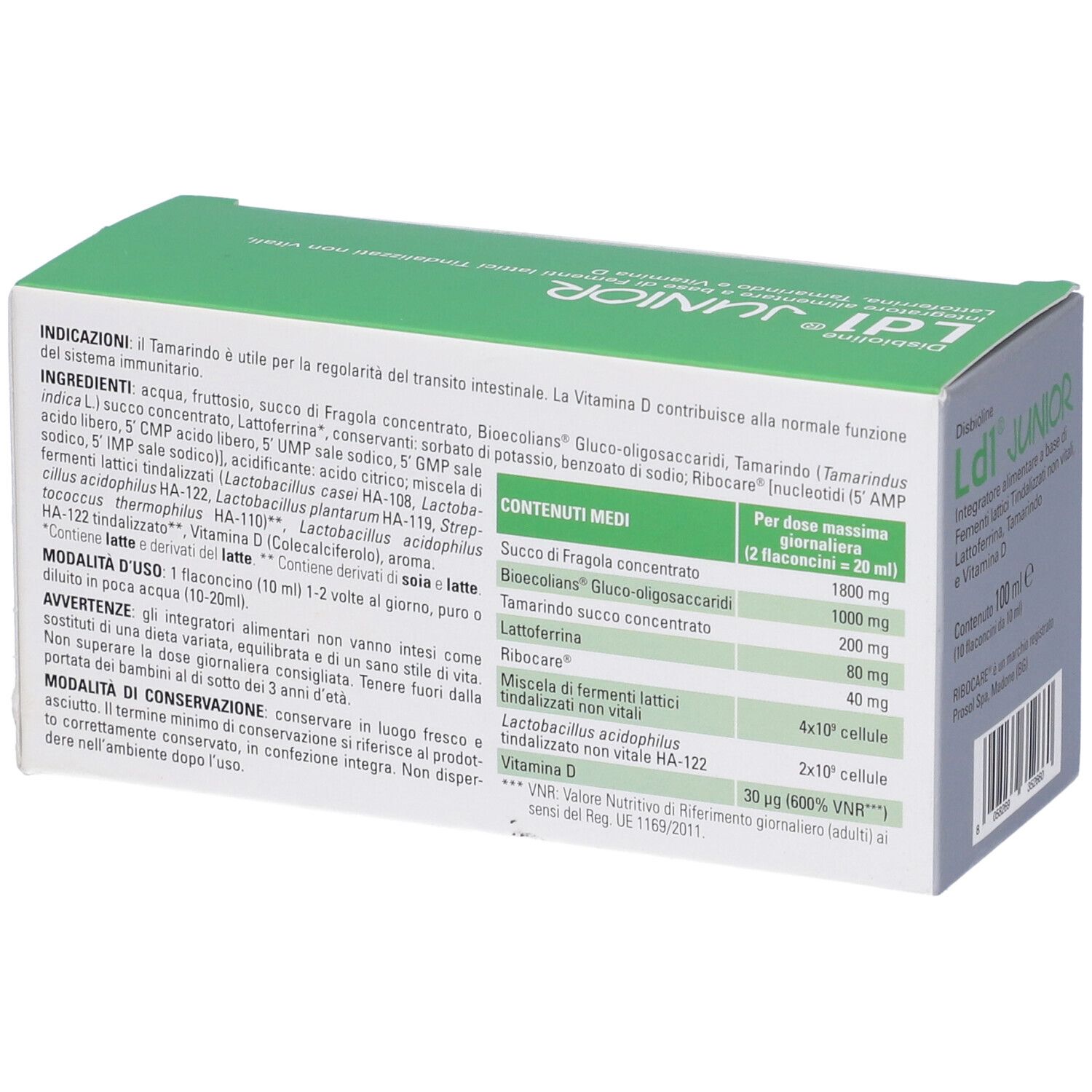 Rückseite der Produktverpackung mit Inhaltsstoffen und Nährwertangaben. Text in italienischer Sprache.
