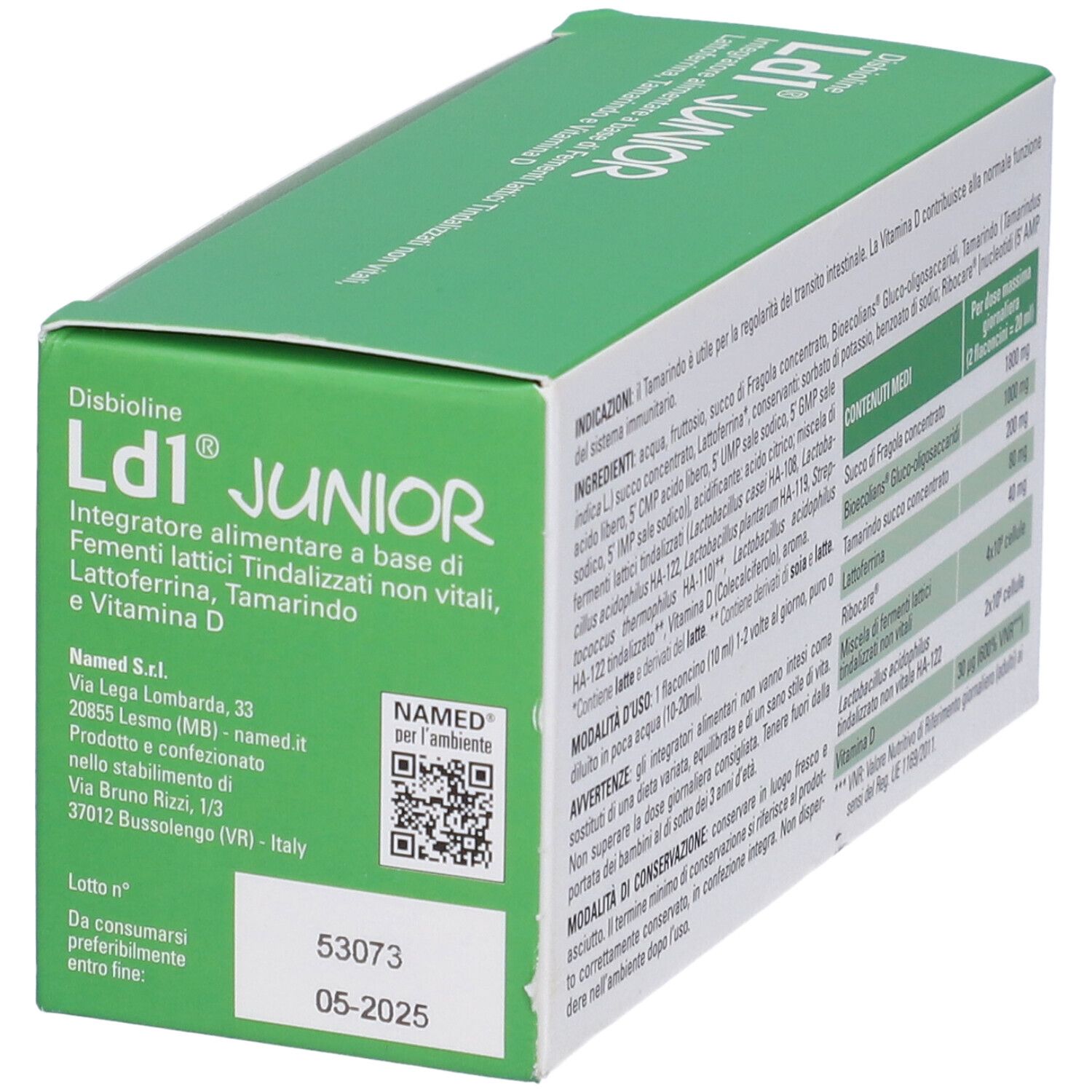 Seitenansicht der Produktverpackung mit Text und QR-Code. Text in italienischer Sprache.