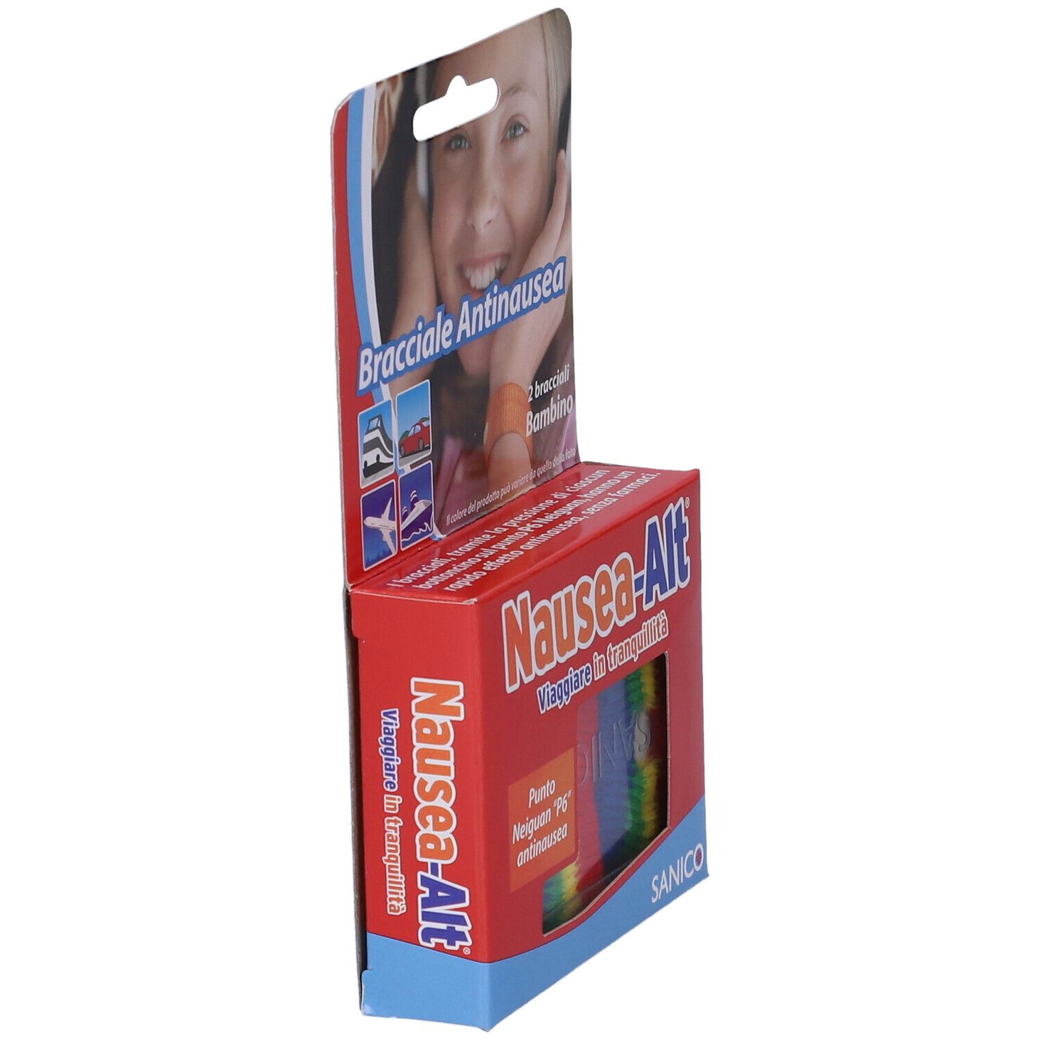 Seitenansicht der Verpackung mit zwei Armbändern gegen Übelkeit. Rote Schachtel mit Produktnamen und Logo. Aufhänger.