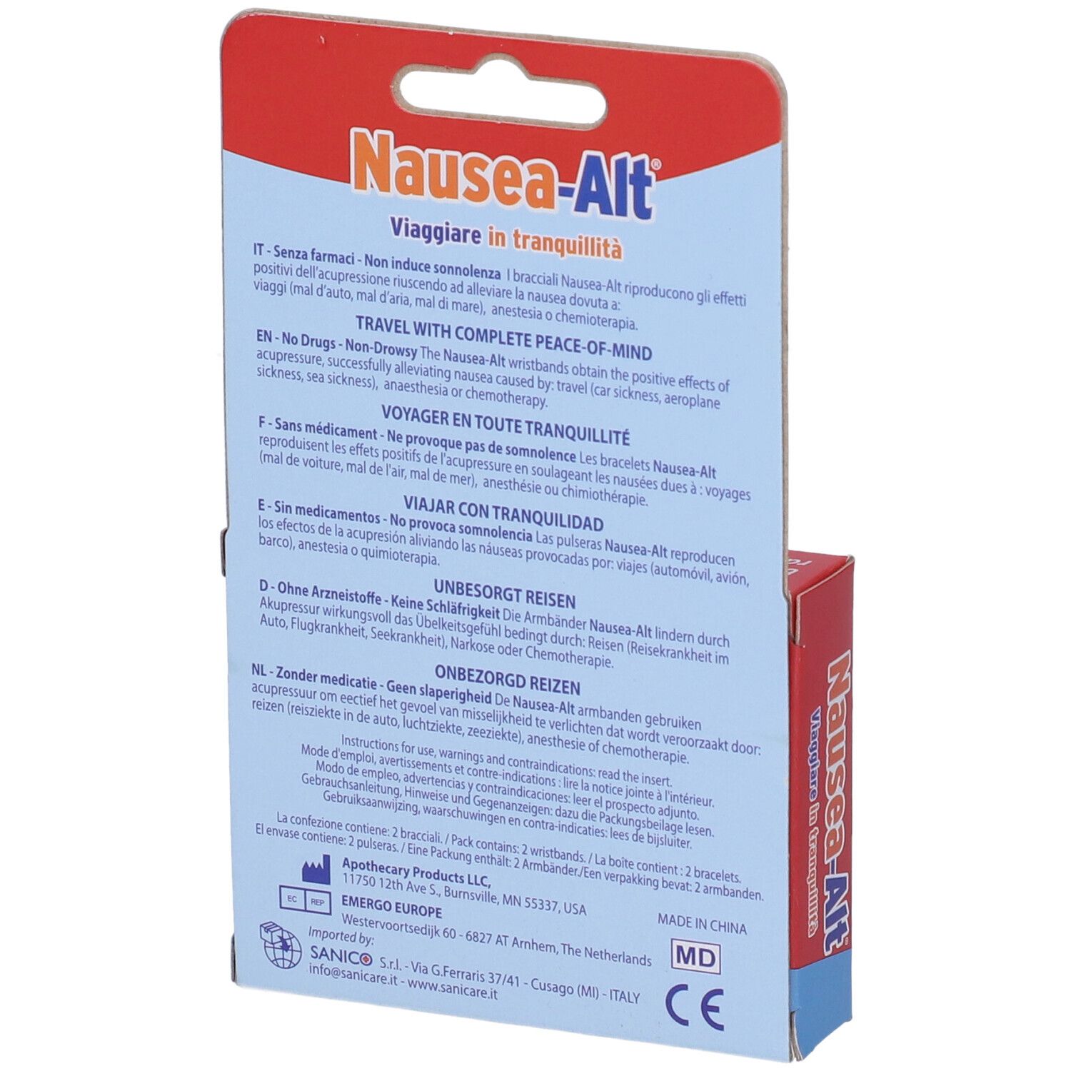 Rückseite der Verpackung mit Informationen zu den Armbändern gegen Übelkeit. Text in mehreren Sprachen. Herstellerinformationen.