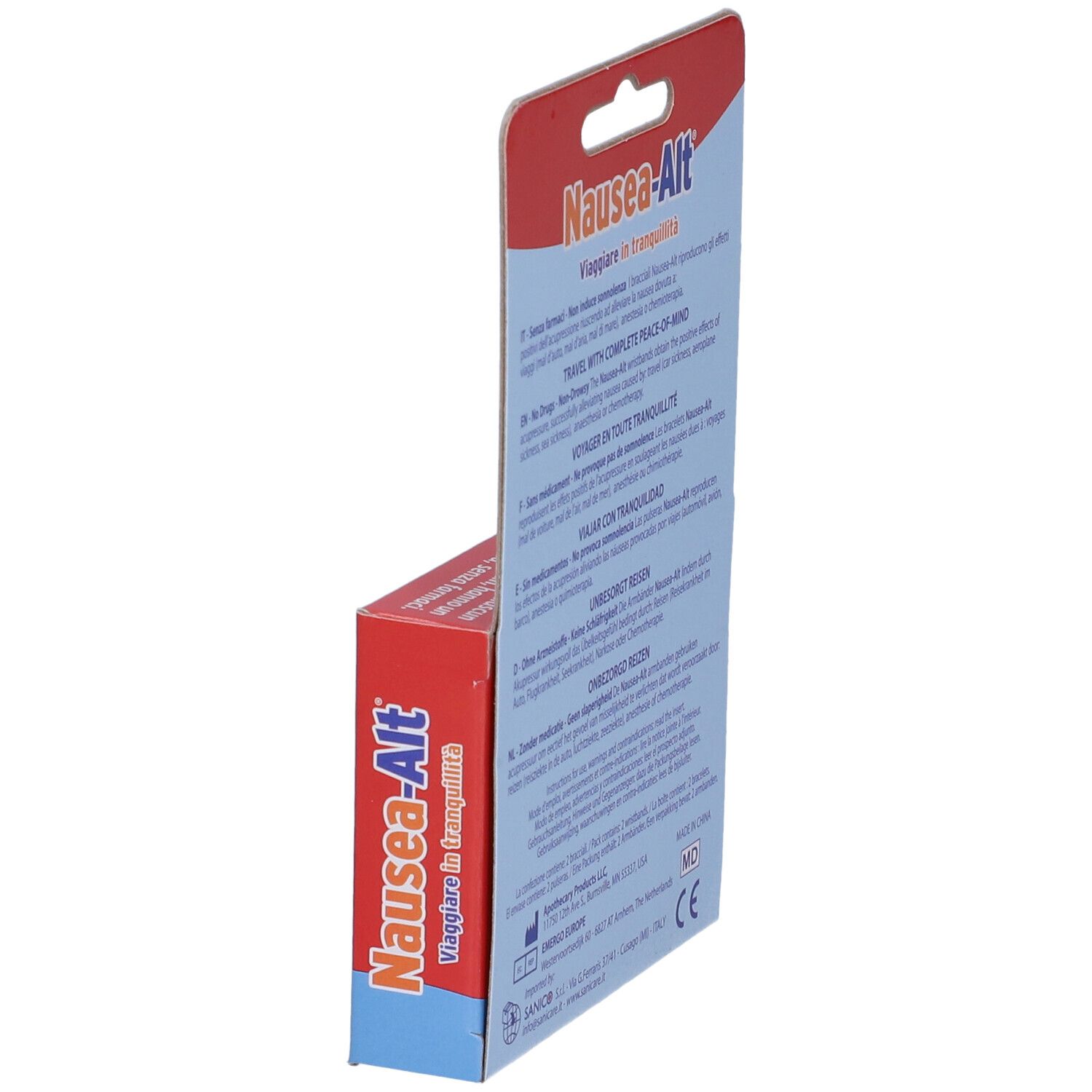 Seitenansicht der Verpackung mit Informationen zu den Armbändern gegen Übelkeit. Text in mehreren Sprachen. Aufhänger.