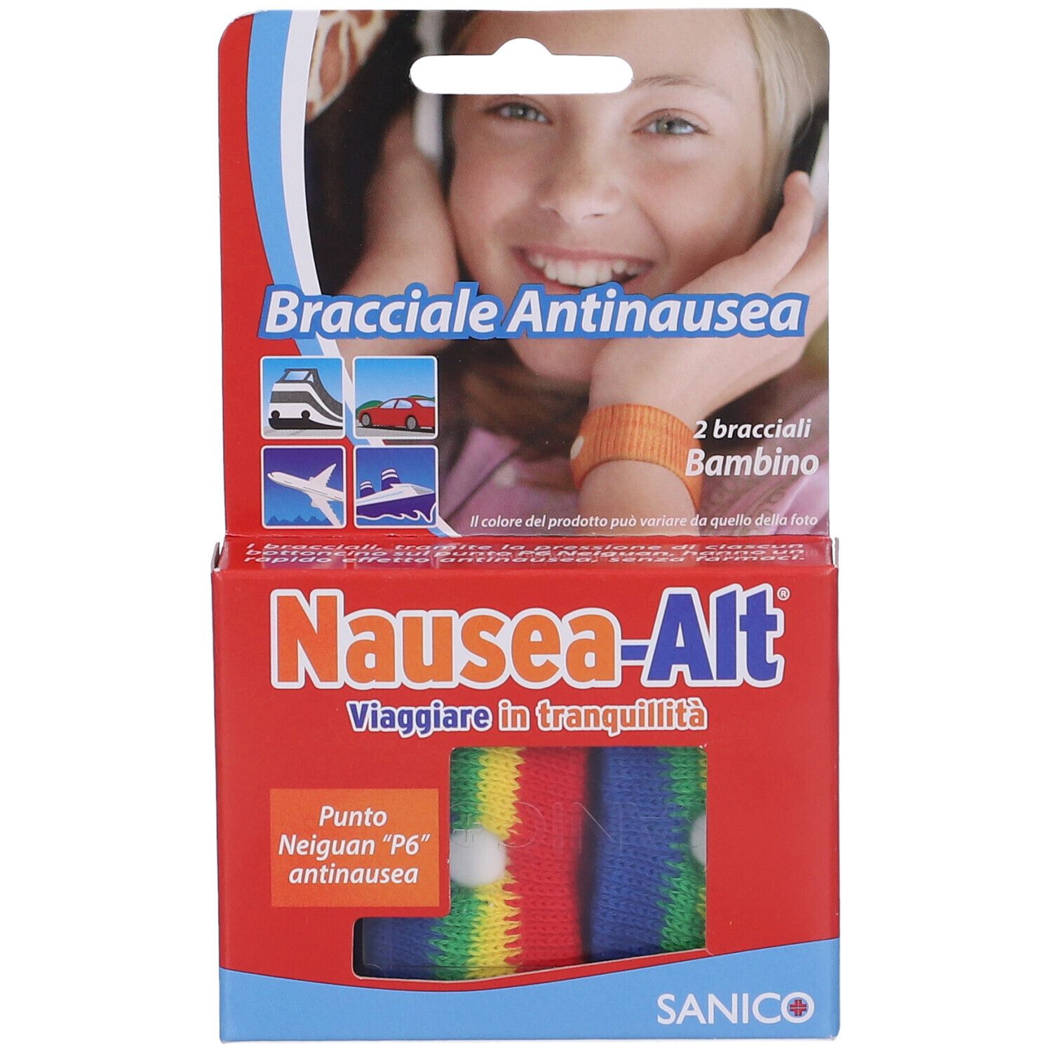 Verpackung mit zwei Armbändern gegen Übelkeit für Kinder. Rote Schachtel mit Produktnamen und Logo. Armbänder in der Verpackung sichtbar.
