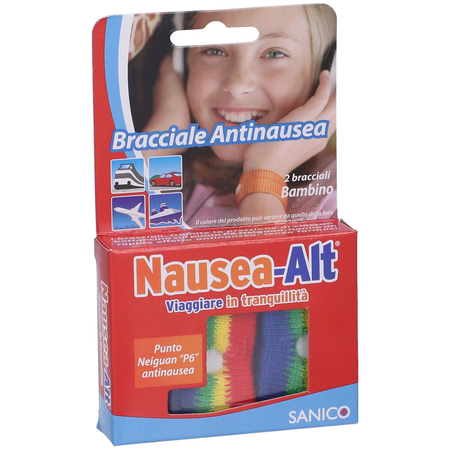 Verpackung mit zwei Armbändern gegen Übelkeit für Kinder. Rote Schachtel mit Produktnamen und Logo. Armbänder in der Verpackung sichtbar.