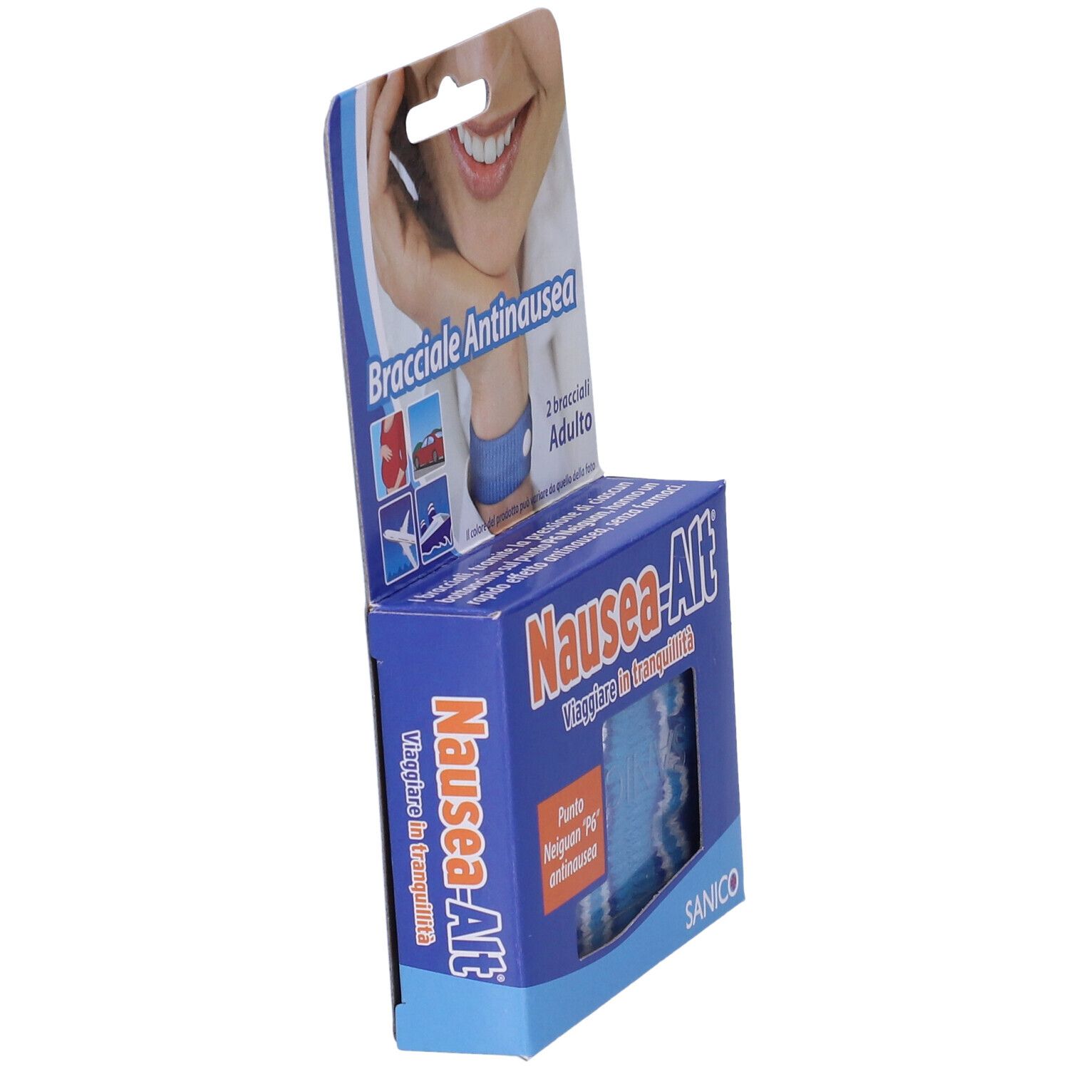 Blaue Produktverpackung mit Text: Nausea-Alt. Auf der Seite: Sanico. Winkelansicht.