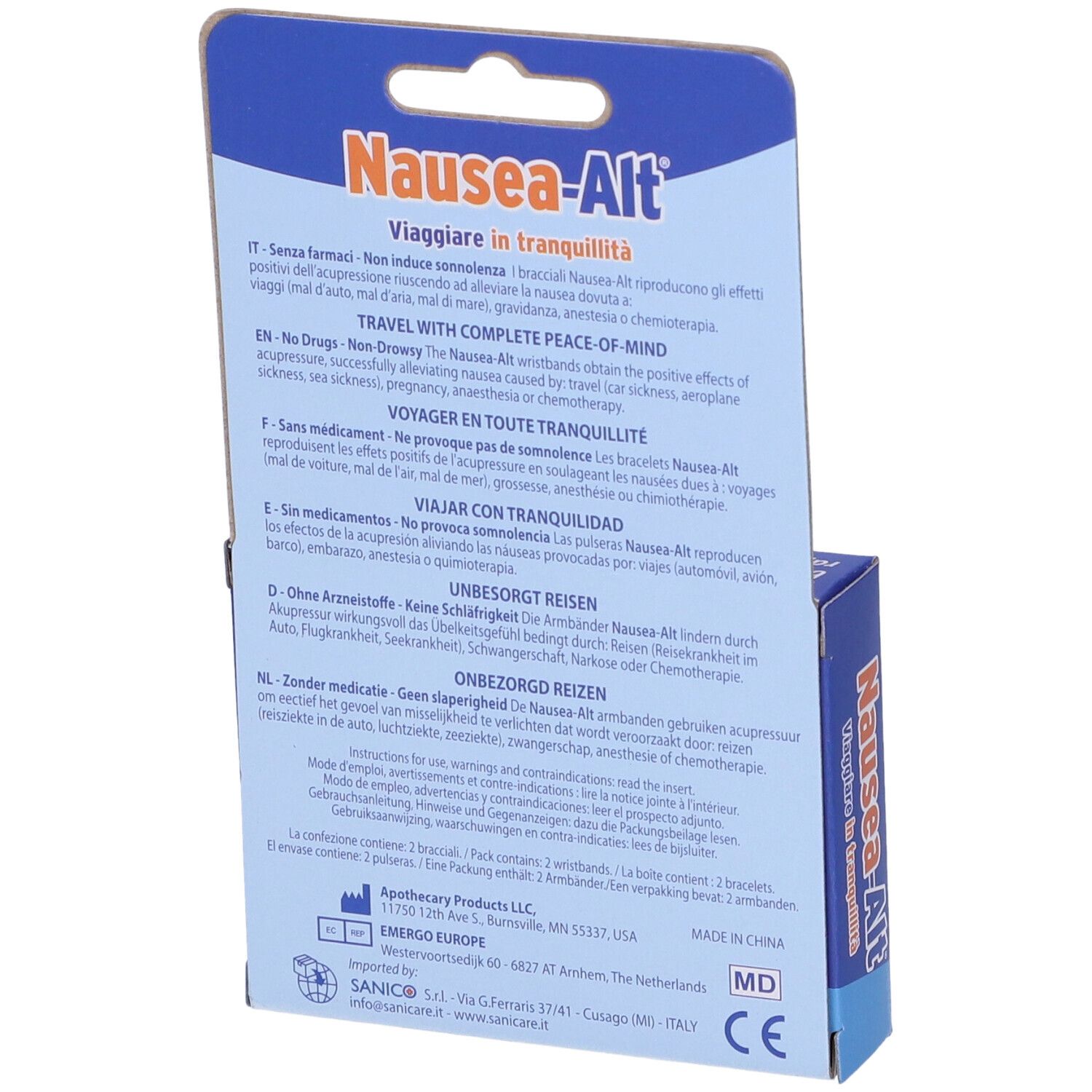 Rückseite der Produktverpackung. Text in mehreren Sprachen. Marke: Nausea-Alt. Hersteller: Sanico.