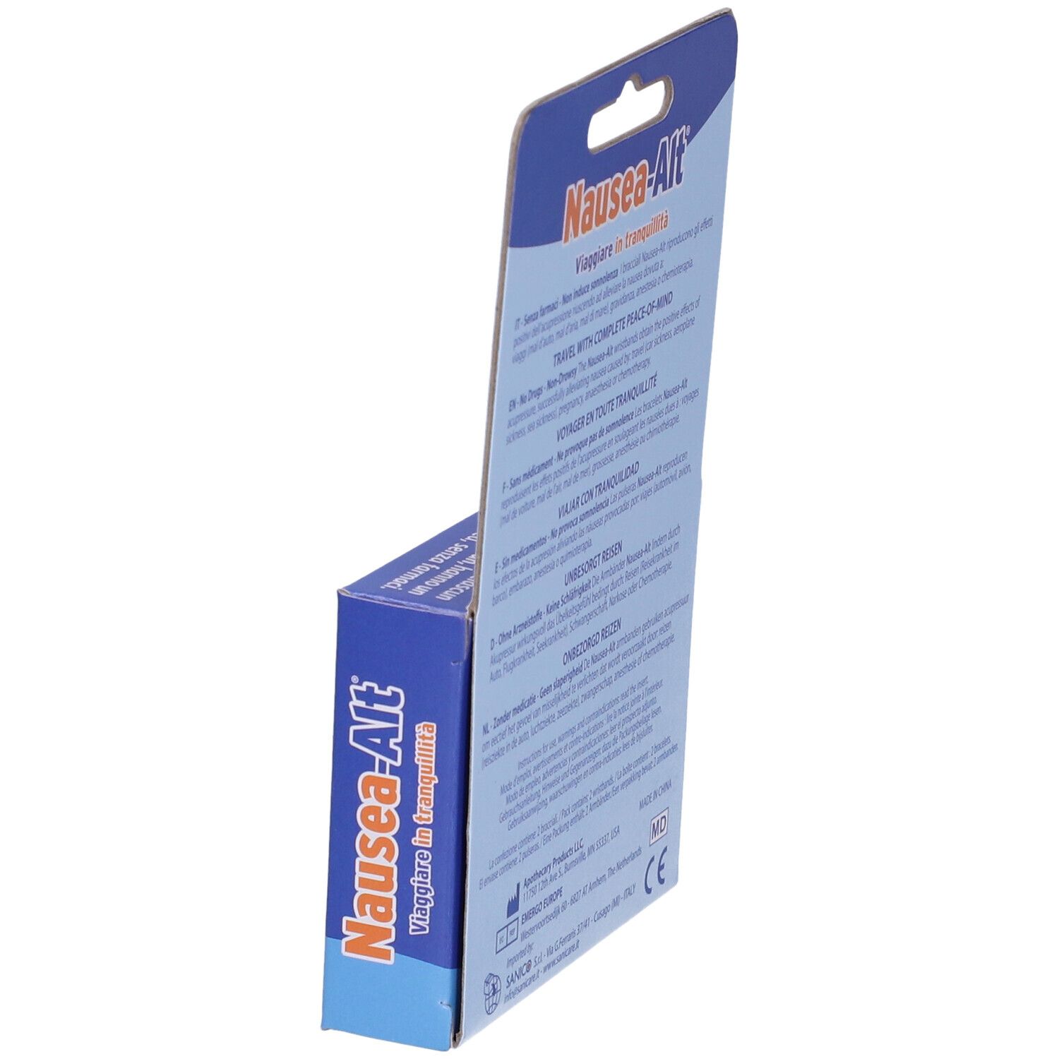 Produktverpackung mit Text: Nausea-Alt. Rückseite mit Text. Winkelansicht.