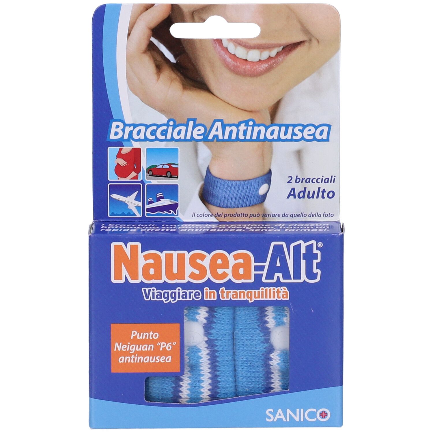 Verpackung mit zwei blauen Armbändern. Aufschrift: Bracciale Antinausea Adulto, Nausea-Alt.