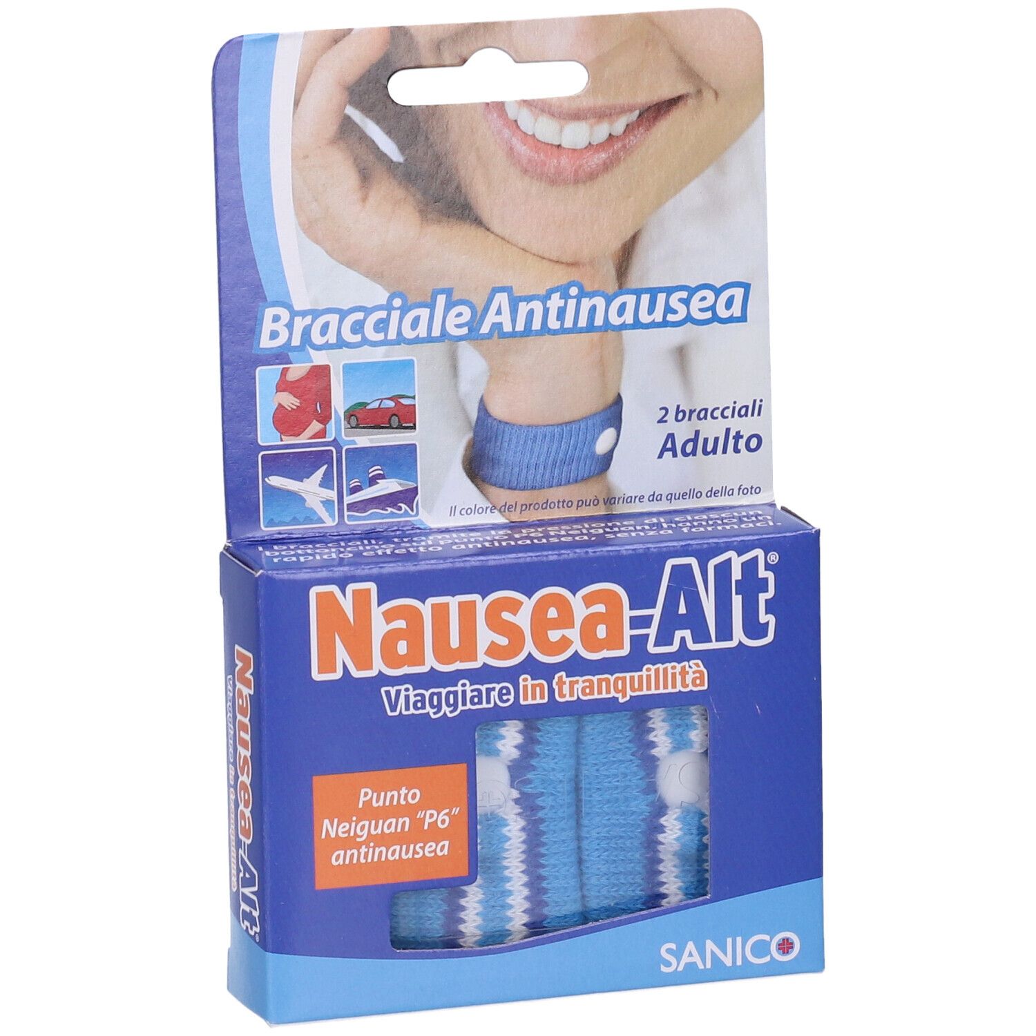 Verpackung mit zwei blauen Armbändern. Aufschrift: Bracciale Antinausea Adulto, Nausea-Alt.