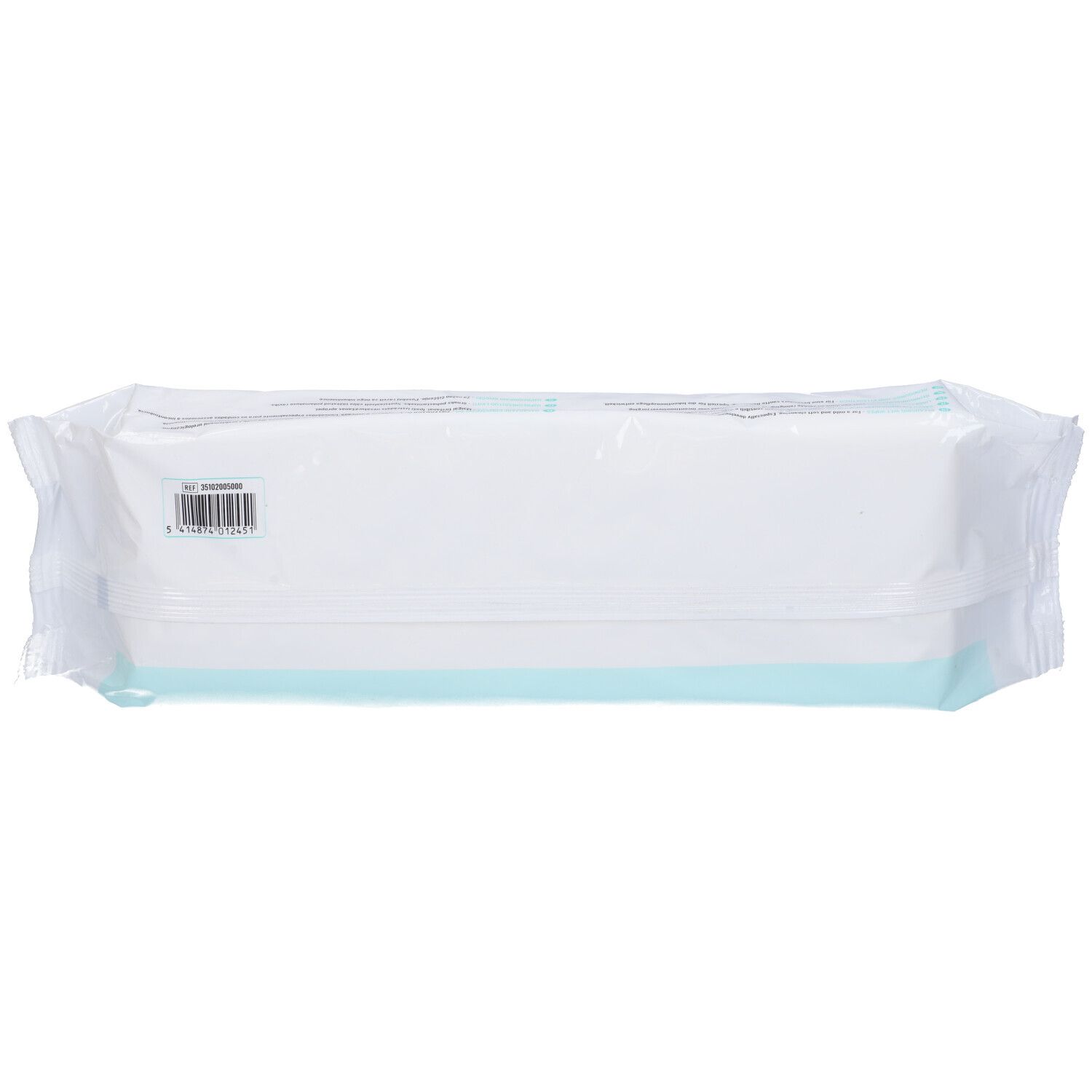 Retro della confezione di salviette. Plastica bianca, striscia blu. Codice a barre e testo.