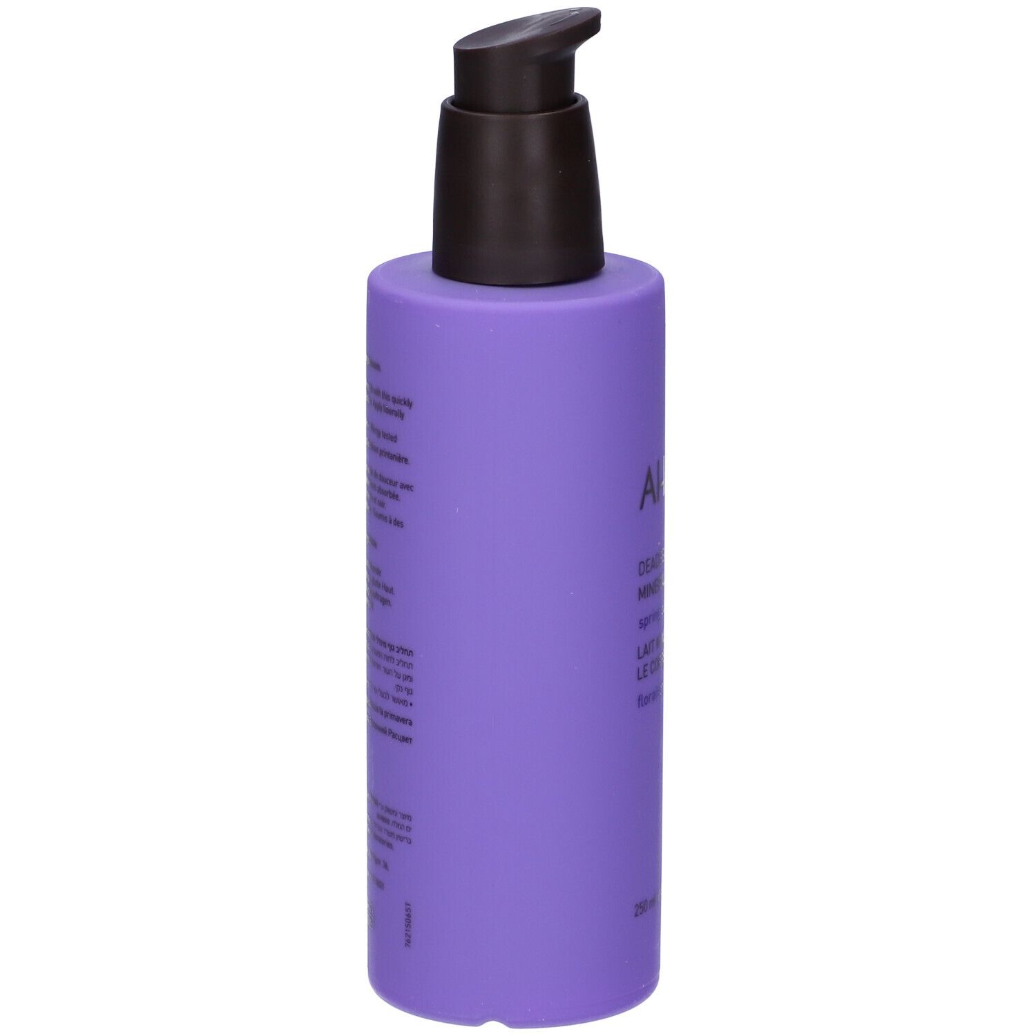 Flacone lilla con erogatore nero. Scritte sul retro. AHAVA Deadsea Water Mineral Body Lotion Spring Blossom.