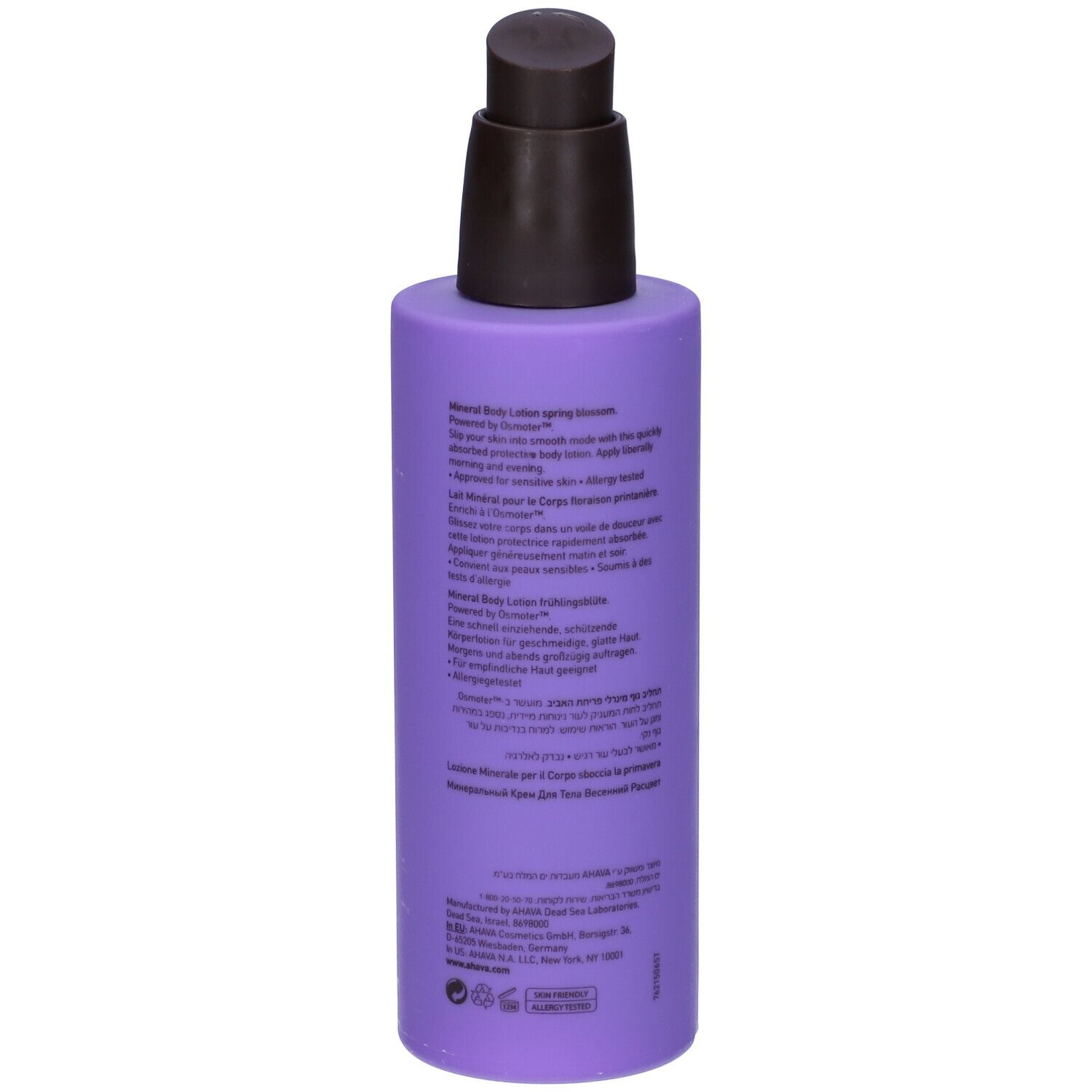 Retro del flacone lilla con erogatore nero. Informazioni testuali. AHAVA Deadsea Water Mineral Body Lotion Spring Blossom.