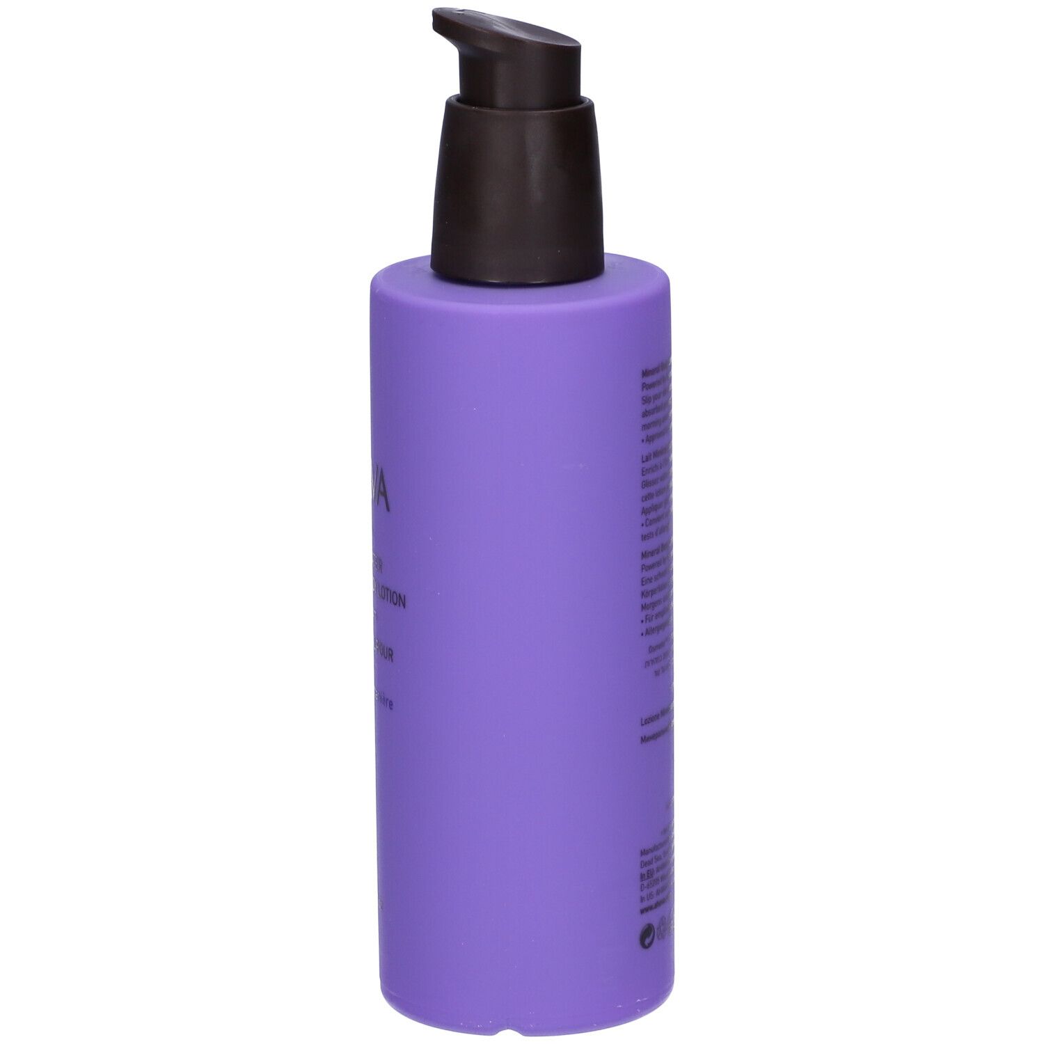 Flacone lilla con erogatore nero. AHAVA Deadsea Water Mineral Body Lotion Spring Blossom. Vista laterale.