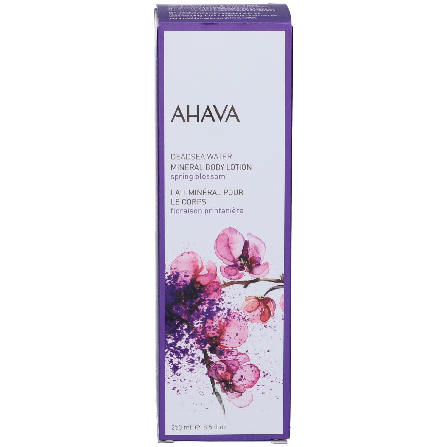 Confezione con design floreale. AHAVA Deadsea Water Mineral Body Lotion Spring Blossom. Lilla e bianco.