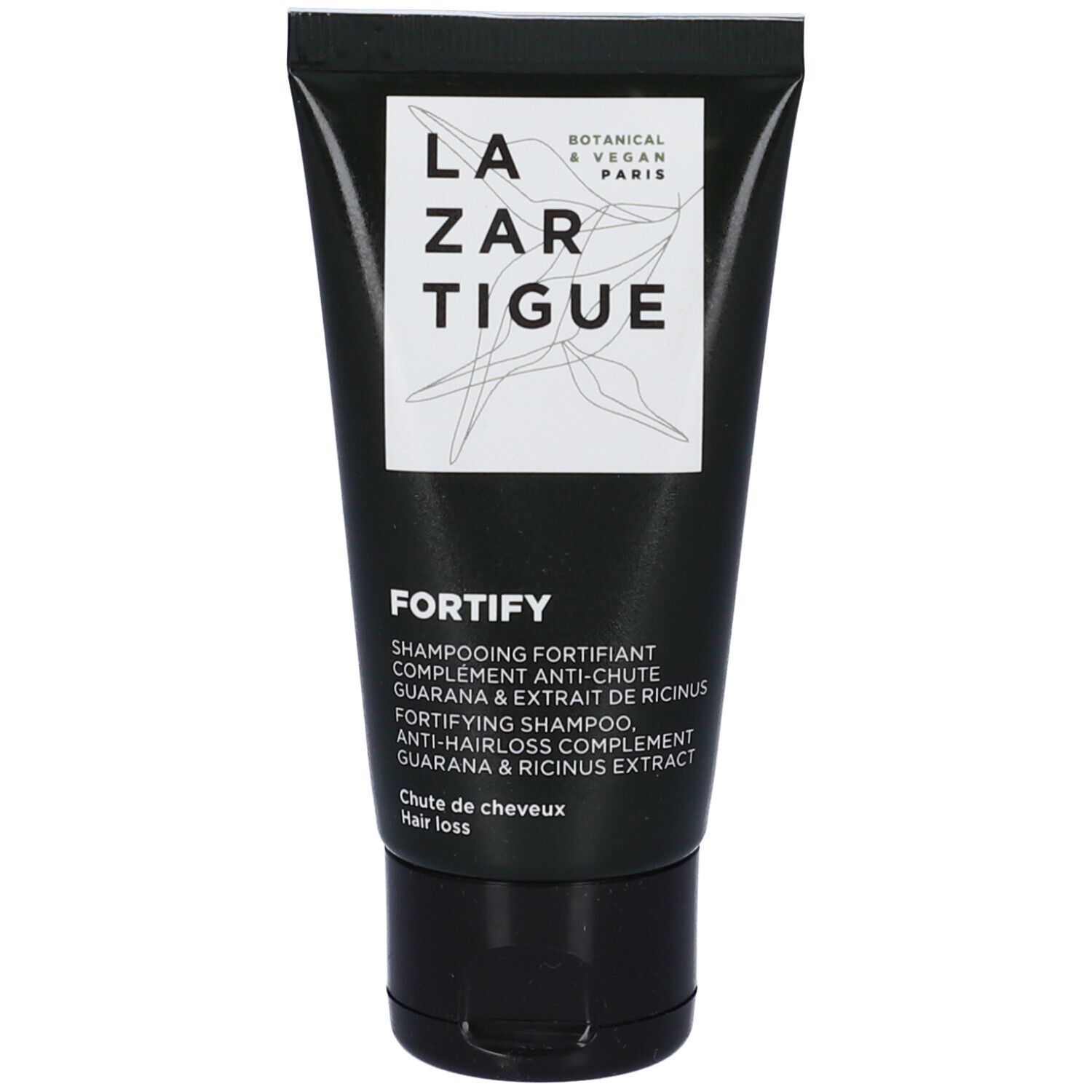 Tubo nero con logo "Lazartigue" bianco. Scritta "Fortify" e informazioni prodotto bianche. Botanico & Vegano.