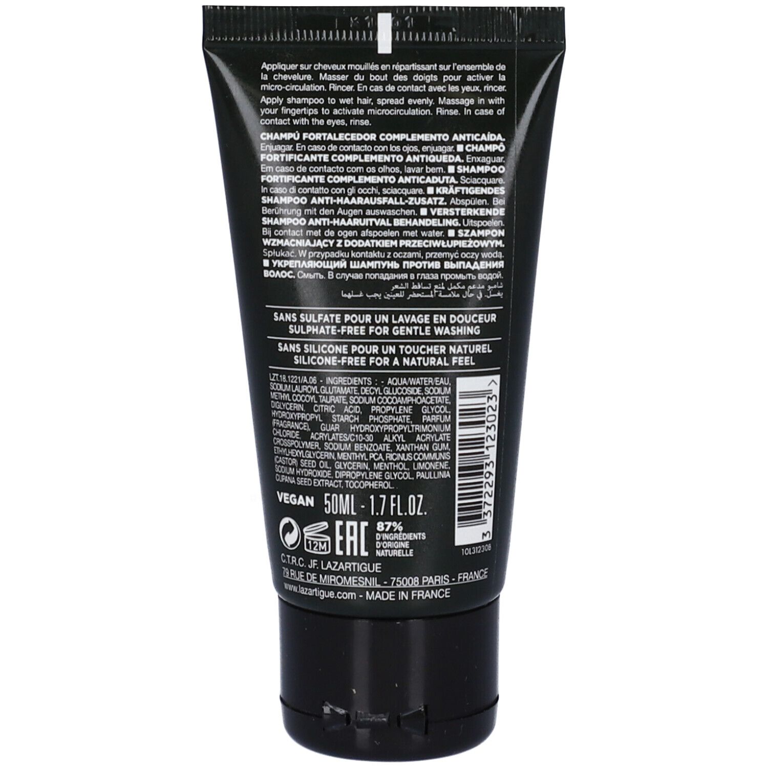 Retro del tubo nero. Testo multilingue. Vegano, 50ml, certificazione ECR. Fabbricato in Francia.
