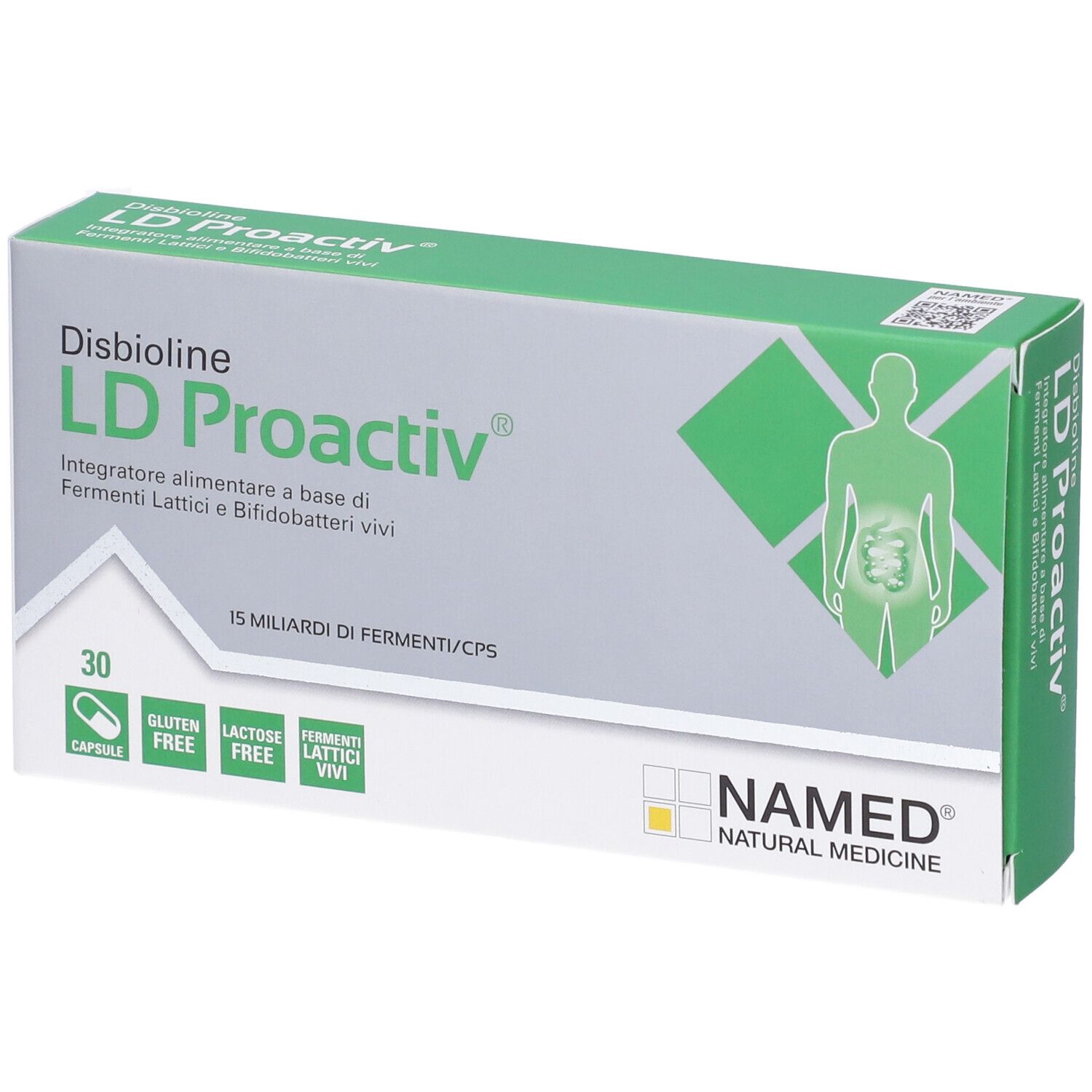 Schachtel mit "LD Proactiv"-Nahrungsergänzungsmittel. Grün-weißes Design, 30 Kapseln, glutenfrei, laktosefrei, lebende Fermente. NAMED-Logo.