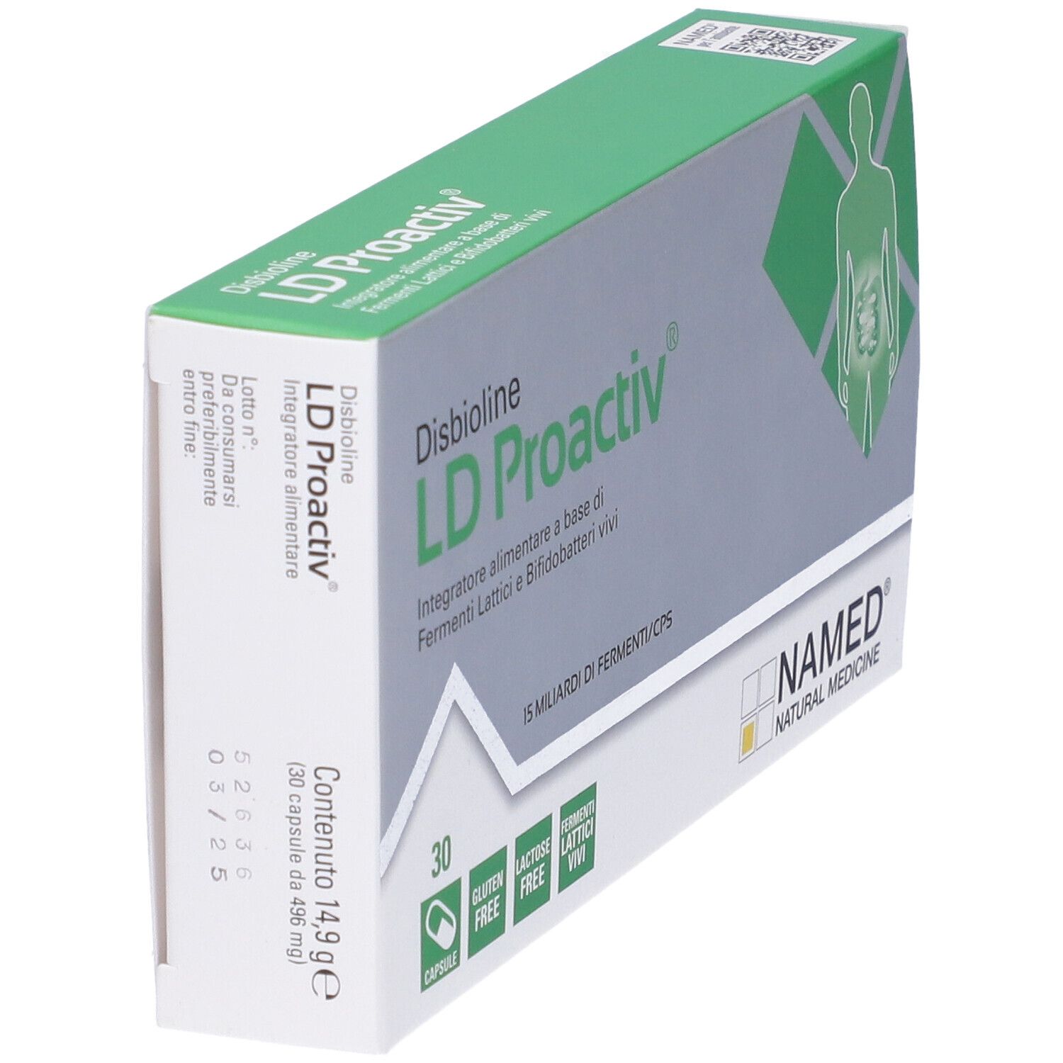 Schachtel "LD Proactiv"-Nahrungsergänzungsmittel. Seitenansicht, grüne und weiße Verpackung. 30 Kapseln. Glutenfrei, laktosefrei, lebende Fermente.