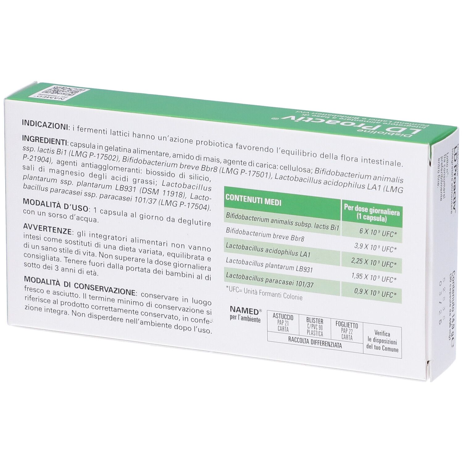 Rückseite der "LD Proactiv"-Schachtel. Inhaltsstoffe, Anwendungshinweise, Nährwertangaben. NAMED-Logo. Glutenfrei, laktosefrei, lebende Fermente.