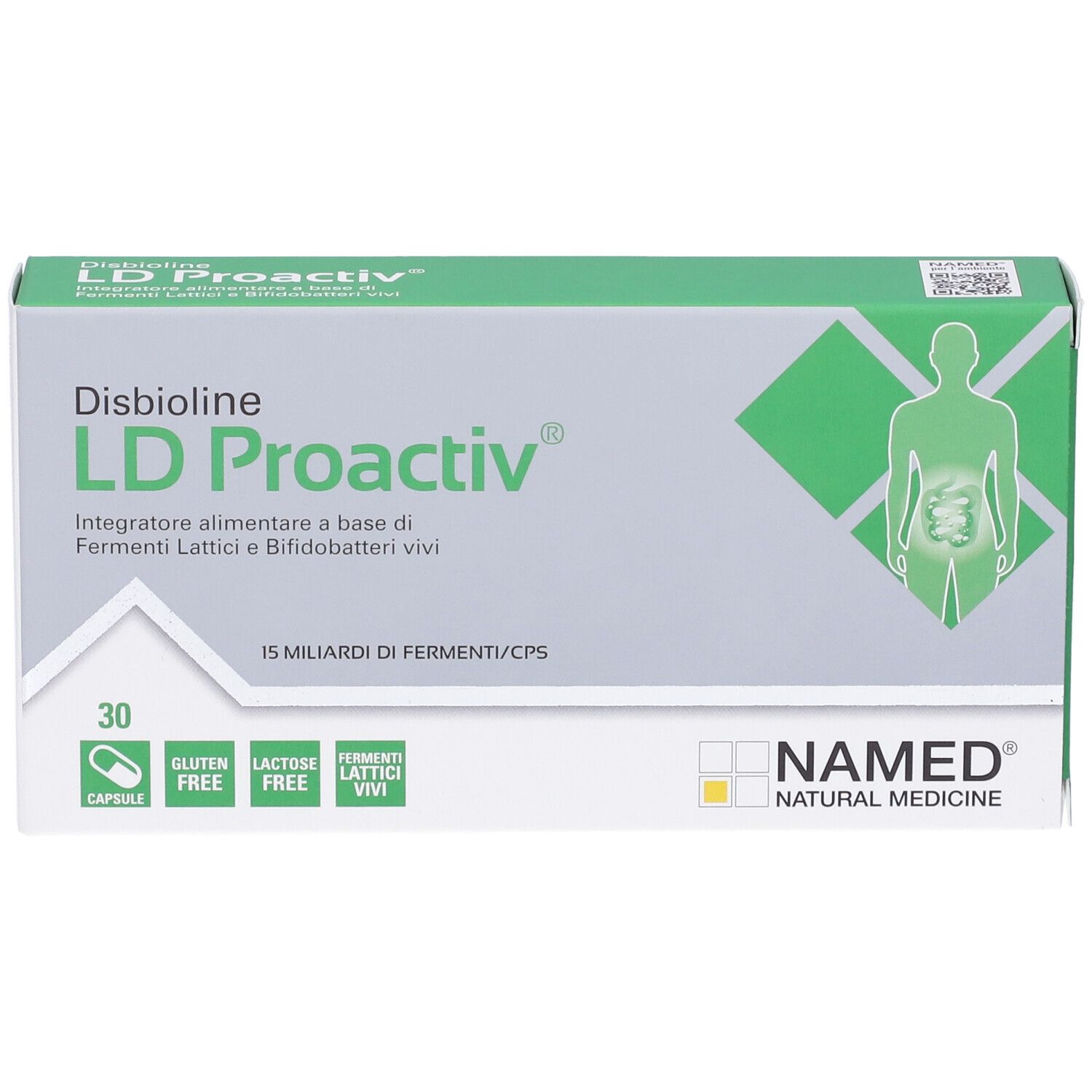 Schachtel "LD Proactiv"-Nahrungsergänzungsmittel. Grün-weißes Design, 30 Kapseln, glutenfrei, laktosefrei, lebende Fermente. NAMED-Logo.