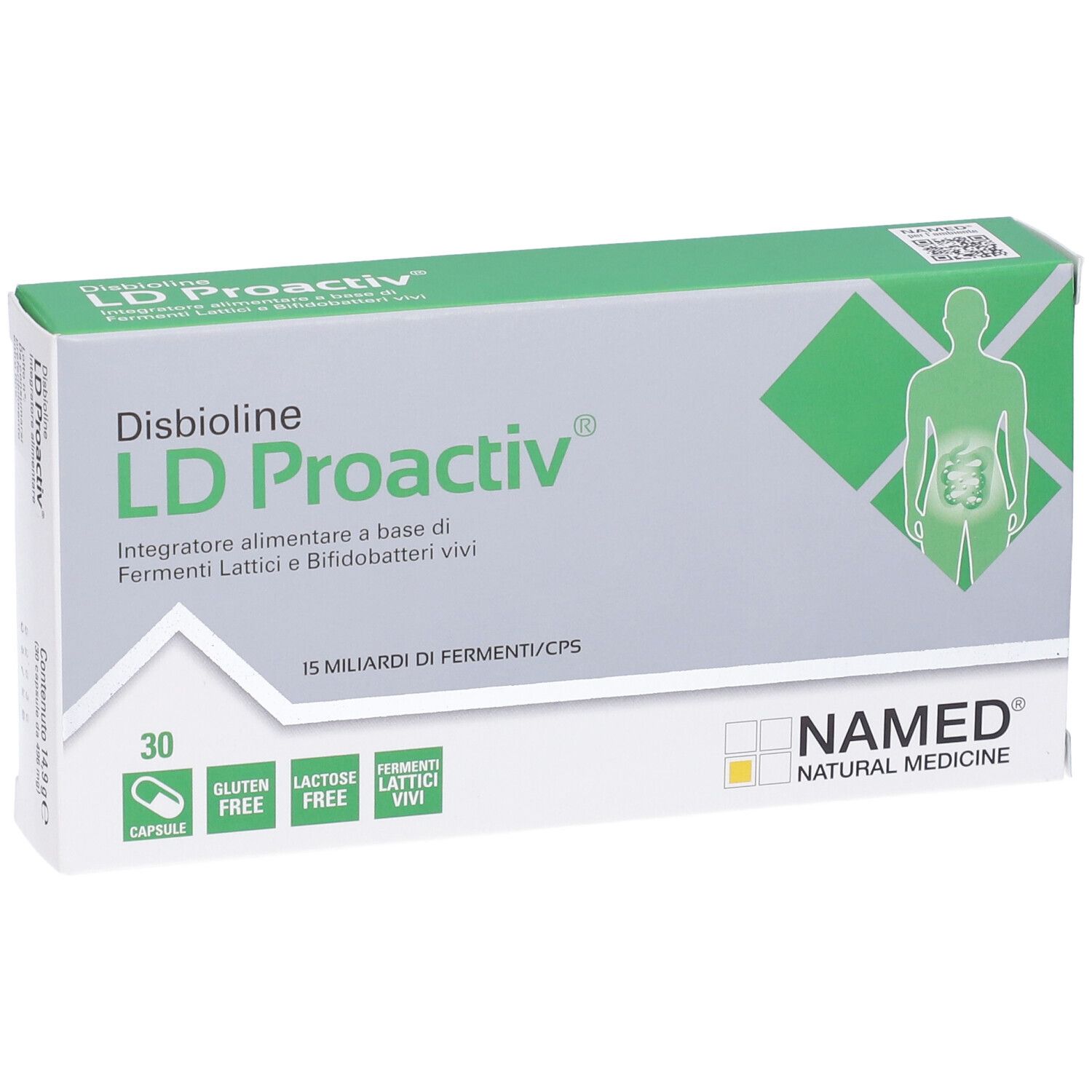 Schachtel "LD Proactiv"-Nahrungsergänzungsmittel. Grün-weißes Design, 30 Kapseln, glutenfrei, laktosefrei, lebende Fermente. NAMED-Logo.