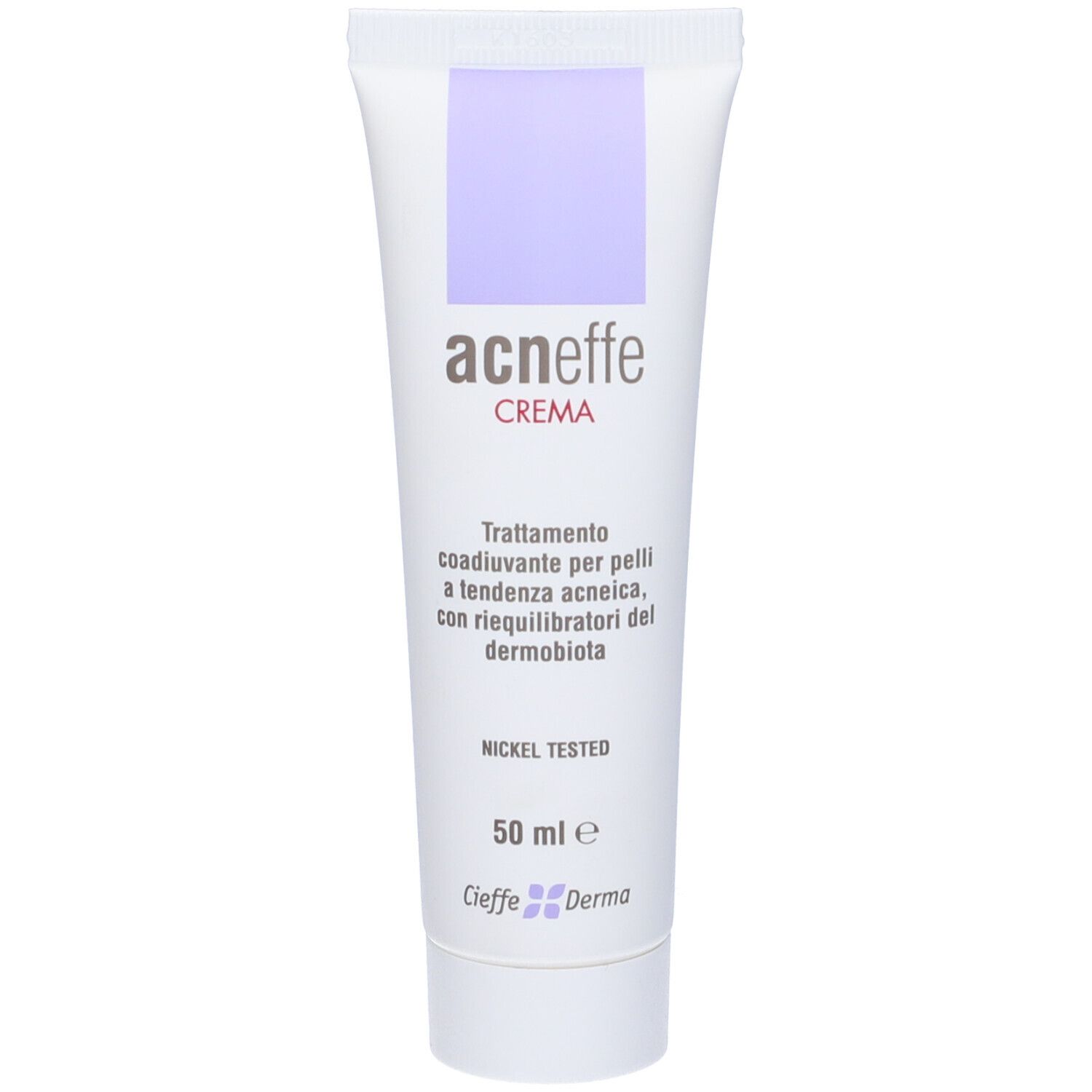 Tubo bianco con accento lilla. Scritta: Acneffe Crema. Testo: Trattamento per pelli a tendenza acneica. Nickel Tested. 50 ml.
