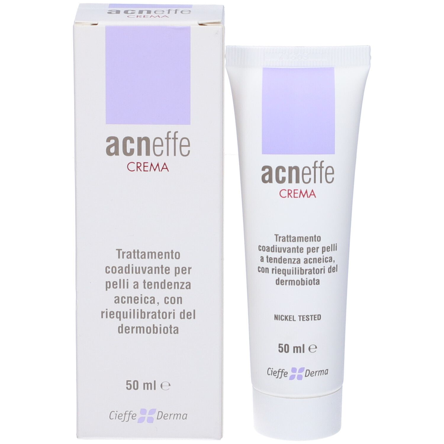 Confezione del prodotto: tubo e scatola. Scritta: Acneffe Crema. Testo: Trattamento per pelli a tendenza acneica. Nickel Tested. 50 ml.